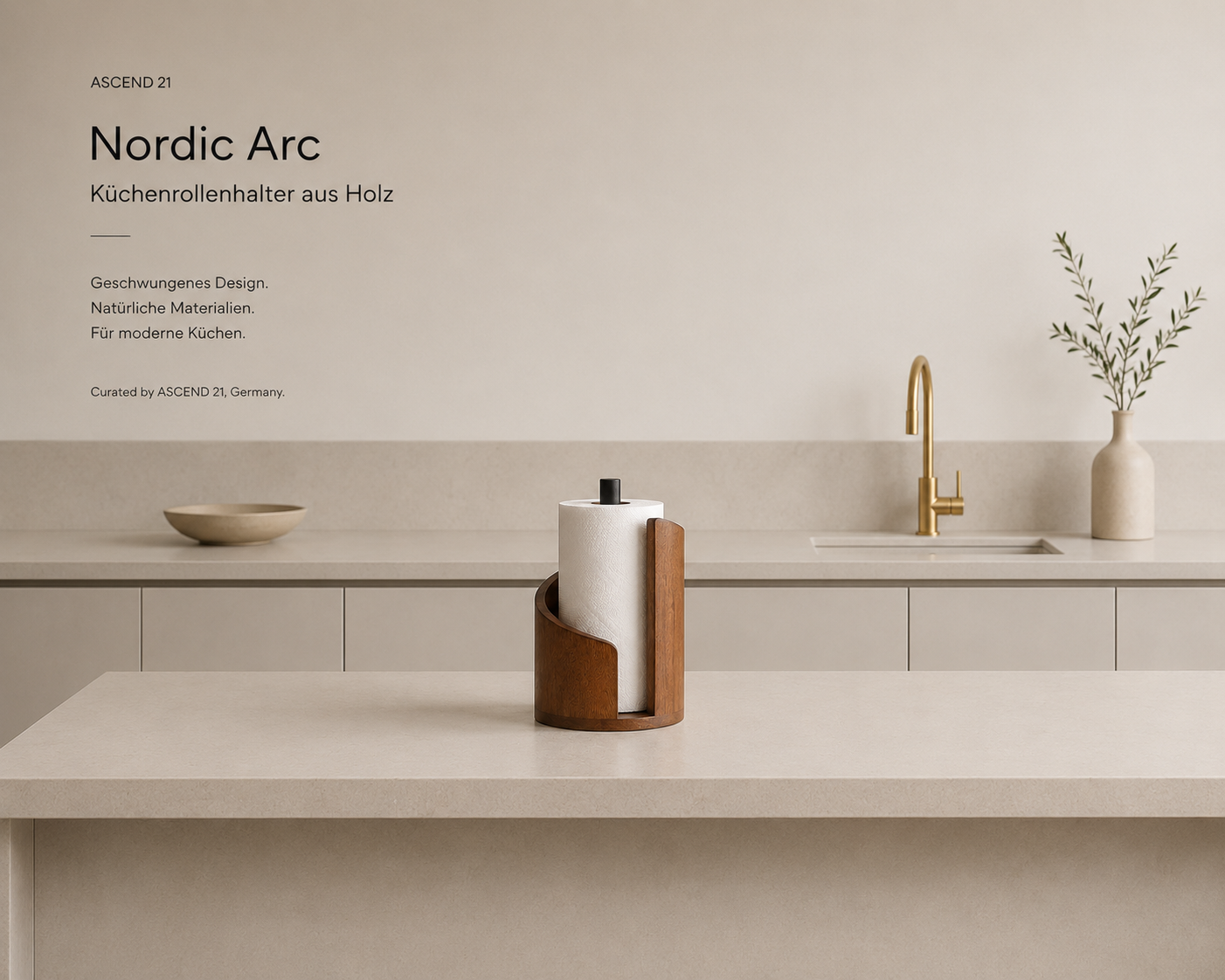 ASCEND 21 Nordic Arc Küchenrollenhalter aus Holz – Moderner Küchenrollenständer mit geschwungenem Design – Freistehender Papierrollenhalter für Arbeitsplatte & Küche – Braun