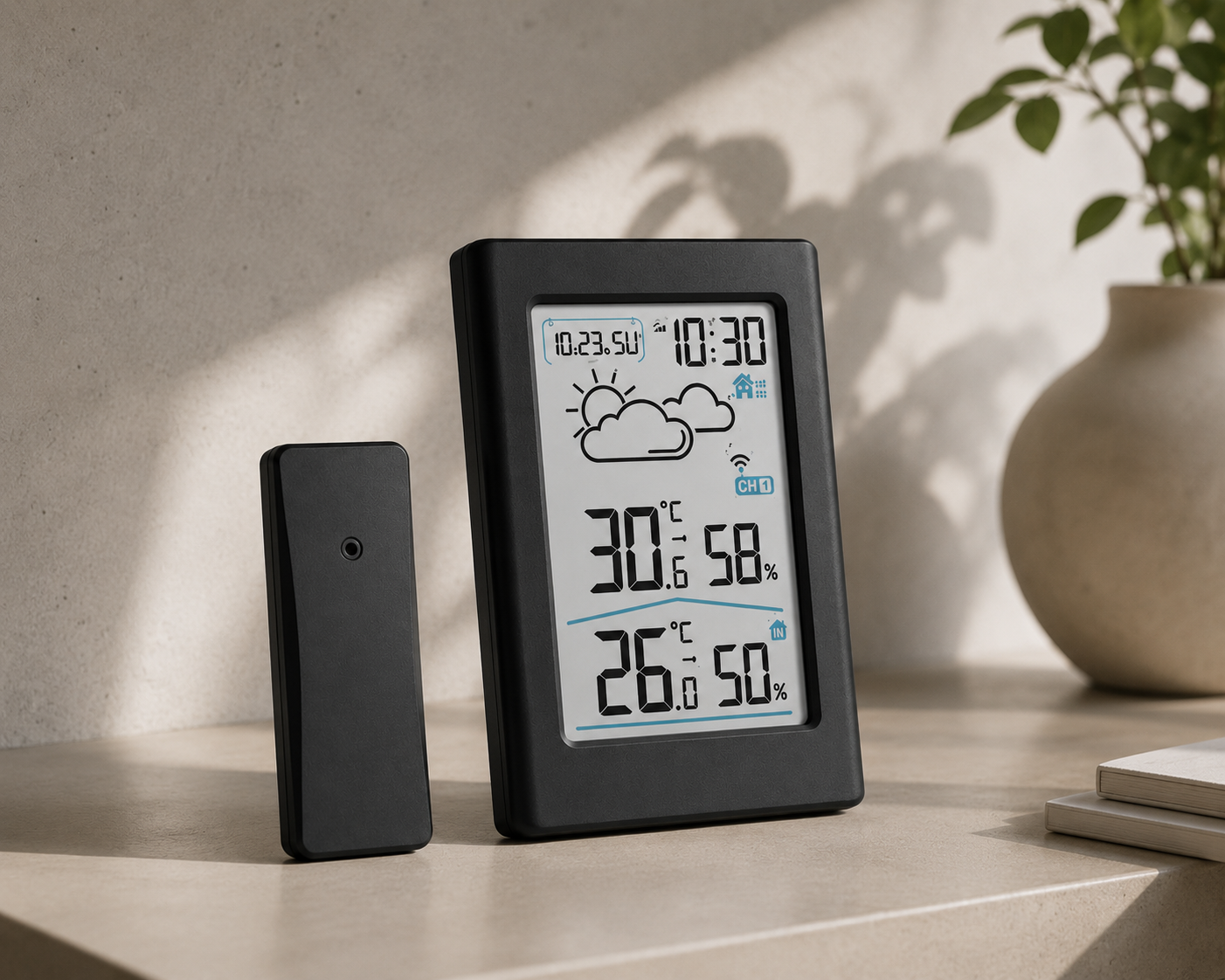 ASCEND 21 Nordic Climate Digitale Wetterstation mit Außensensor – Funkwetterstation mit Thermometer; Hygrometer – Innen- und Außentemperatur, Luftfeuchtigkeit, Uhrzeit; Wetteranzeige – Schwarz