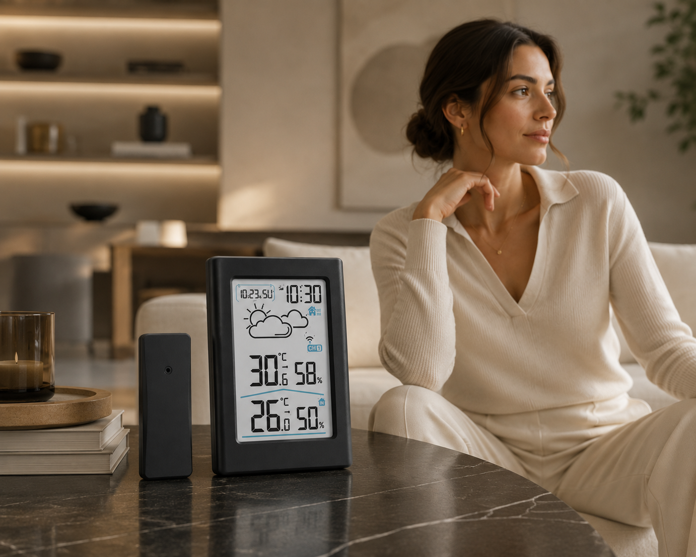 ASCEND 21 Nordic Climate Digitale Wetterstation mit Außensensor – Funkwetterstation mit Thermometer; Hygrometer – Innen- und Außentemperatur, Luftfeuchtigkeit, Uhrzeit; Wetteranzeige – Schwarz