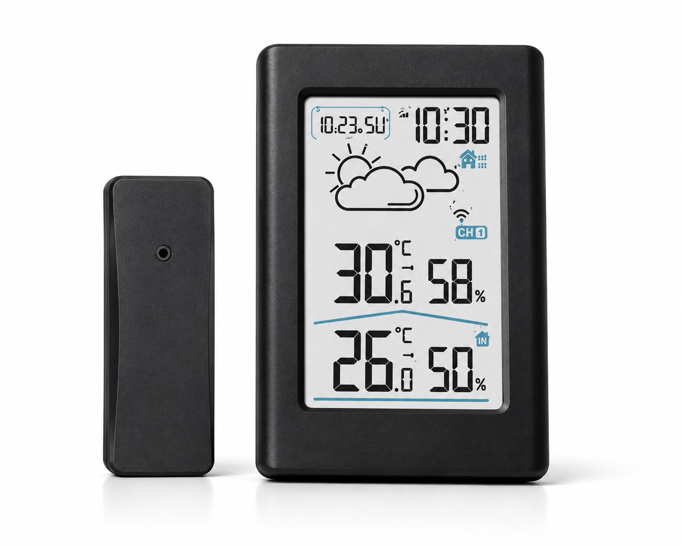 ASCEND 21 Nordic Climate Digitale Wetterstation mit Außensensor – Funkwetterstation mit Thermometer; Hygrometer – Innen- und Außentemperatur, Luftfeuchtigkeit, Uhrzeit; Wetteranzeige – Schwarz