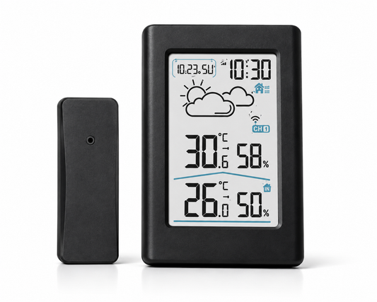 ASCEND 21 Nordic Climate Digitale Wetterstation mit Außensensor – Funkwetterstation mit Thermometer; Hygrometer – Innen- und Außentemperatur, Luftfeuchtigkeit, Uhrzeit; Wetteranzeige – Schwarz