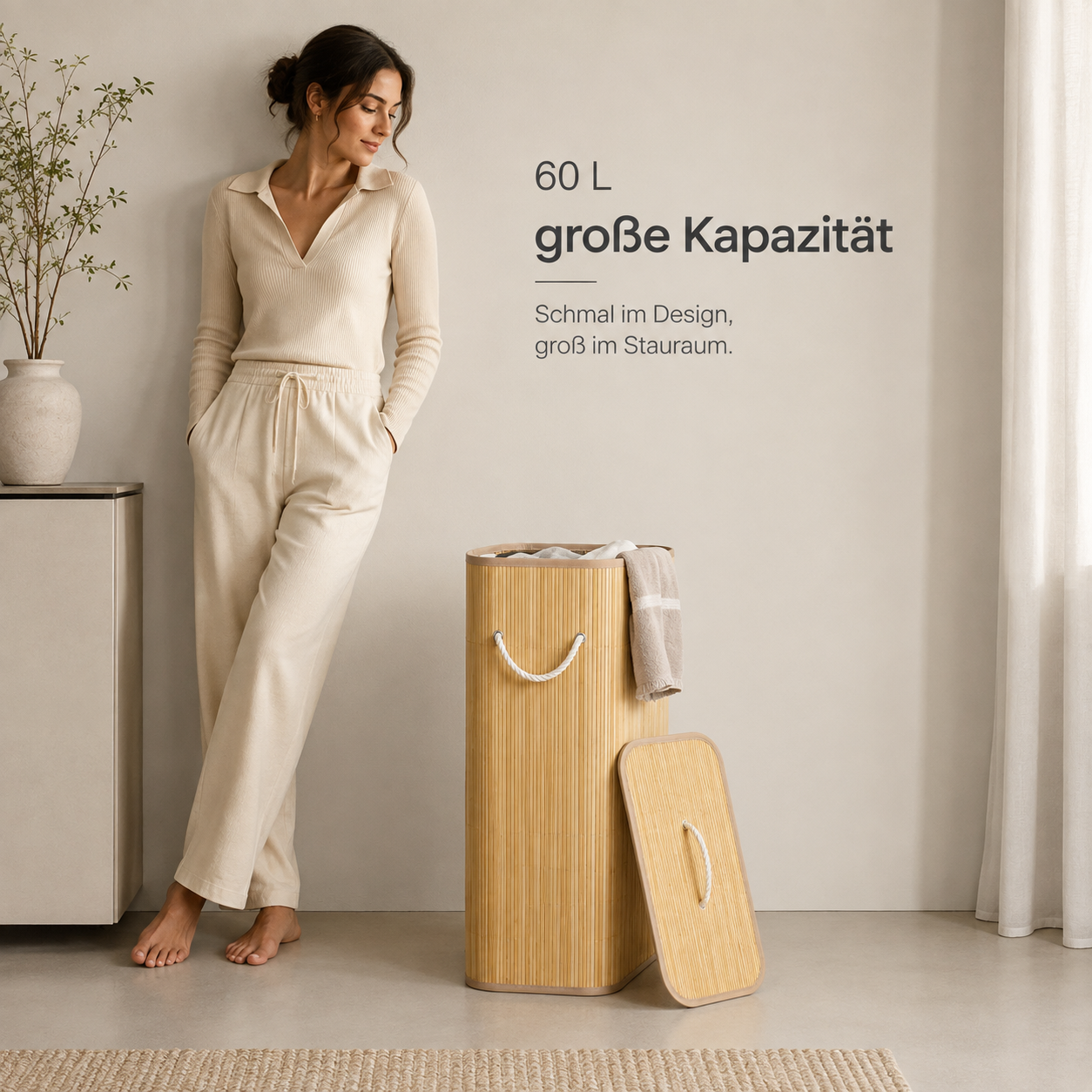 ASCEND 21 Nordic Laundry Wäschekorb mit Deckel 60 L – Schmaler Wäschesammler aus Bambus – Rechteckiger Wäschebehälter mit Tragegriffen für Bad, Schlafzimmer & Waschküche – Natur