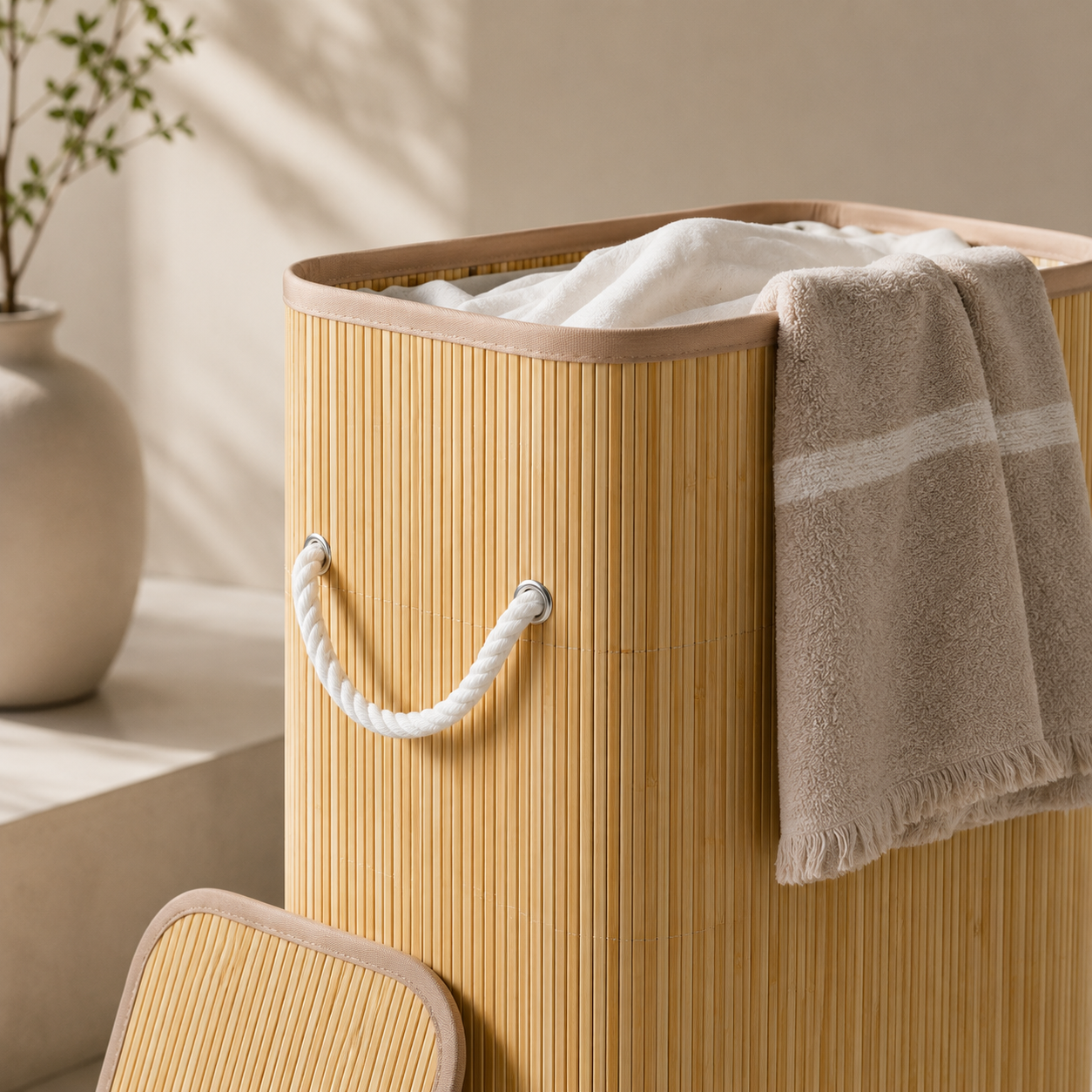 ASCEND 21 Nordic Laundry Wäschekorb mit Deckel 60 L – Schmaler Wäschesammler aus Bambus – Rechteckiger Wäschebehälter mit Tragegriffen für Bad, Schlafzimmer & Waschküche – Natur