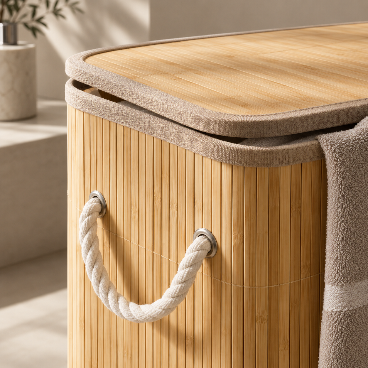 ASCEND 21 Nordic Laundry Wäschekorb mit Deckel 60 L – Schmaler Wäschesammler aus Bambus – Rechteckiger Wäschebehälter mit Tragegriffen für Bad, Schlafzimmer & Waschküche – Natur