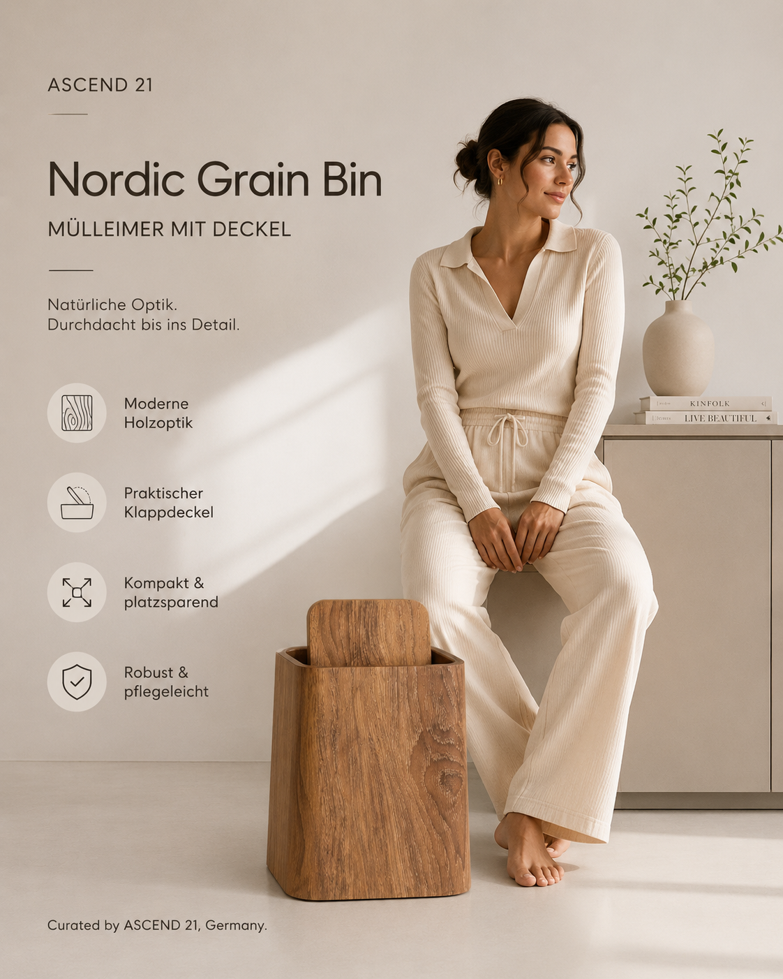 ASCEND 21 Nordic Grain Bin Mülleimer mit Deckel – Moderner Abfalleimer in Holzoptik – Kompakter Papierkorb aus Kunststoff für Badezimmer, Schlafzimmer, Büro & Wohnzimmer – Braun