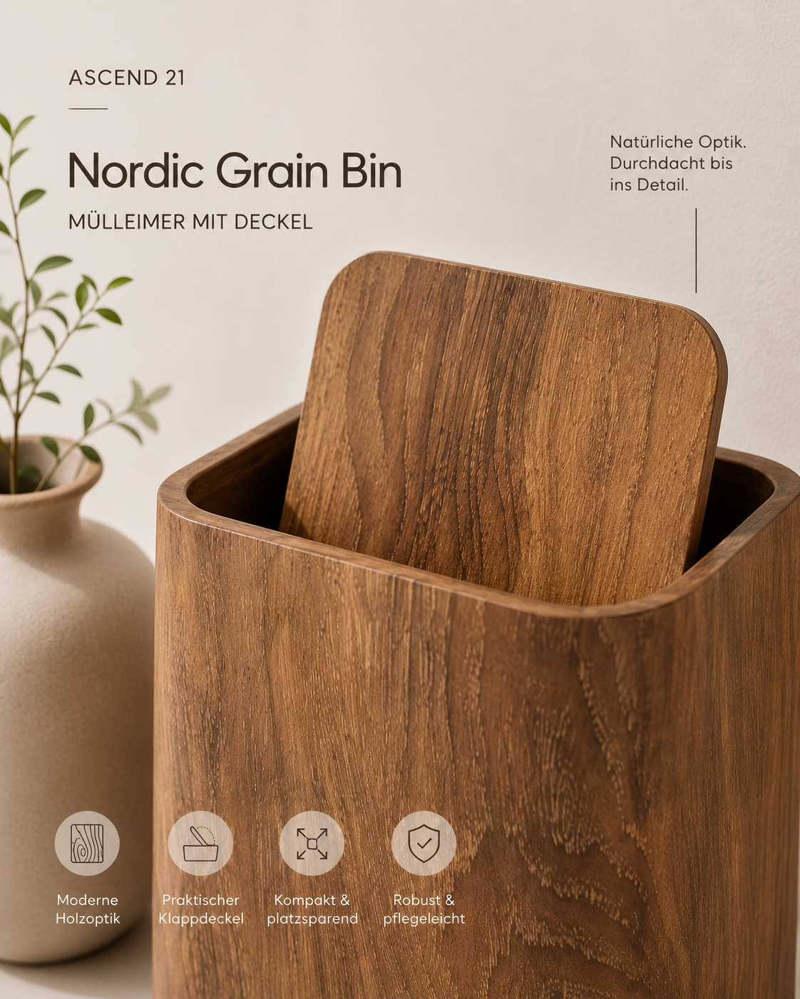 ASCEND 21 Nordic Grain Bin Mülleimer mit Deckel – Moderner Abfalleimer in Holzoptik – Kompakter Papierkorb aus Kunststoff für Badezimmer, Schlafzimmer, Büro & Wohnzimmer – Braun