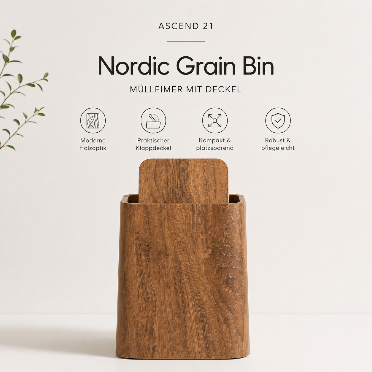 ASCEND 21 Nordic Grain Bin Mülleimer mit Deckel – Moderner Abfalleimer in Holzoptik – Kompakter Papierkorb aus Kunststoff für Badezimmer, Schlafzimmer, Büro & Wohnzimmer – Braun