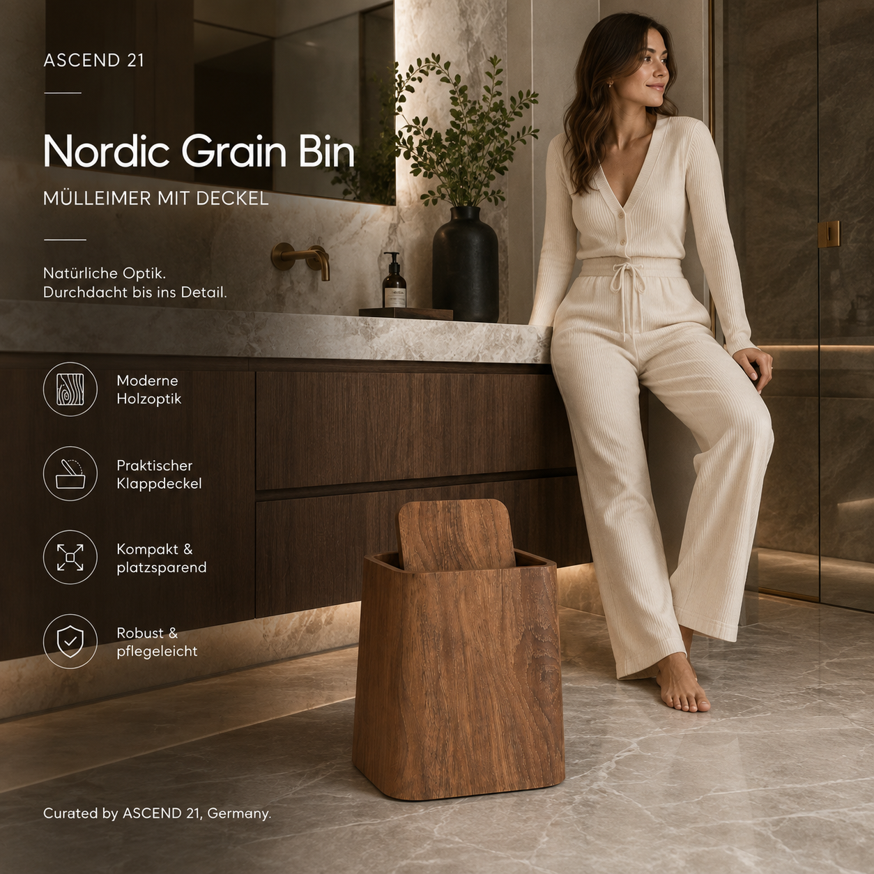 ASCEND 21 Nordic Grain Bin Mülleimer mit Deckel – Moderner Abfalleimer in Holzoptik – Kompakter Papierkorb aus Kunststoff für Badezimmer, Schlafzimmer, Büro & Wohnzimmer – Braun