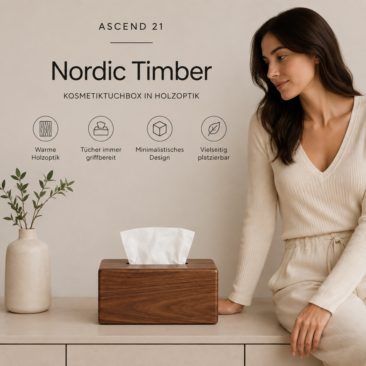 ASCEND 21 Nordic Timber Kosmetiktuchbox in Holzoptik – Moderne Taschentuchbox rechteckig – Tissue Box & Tücherbox für Wohnzimmer, Schlafzimmer, Badezimmer & Büro – Braun