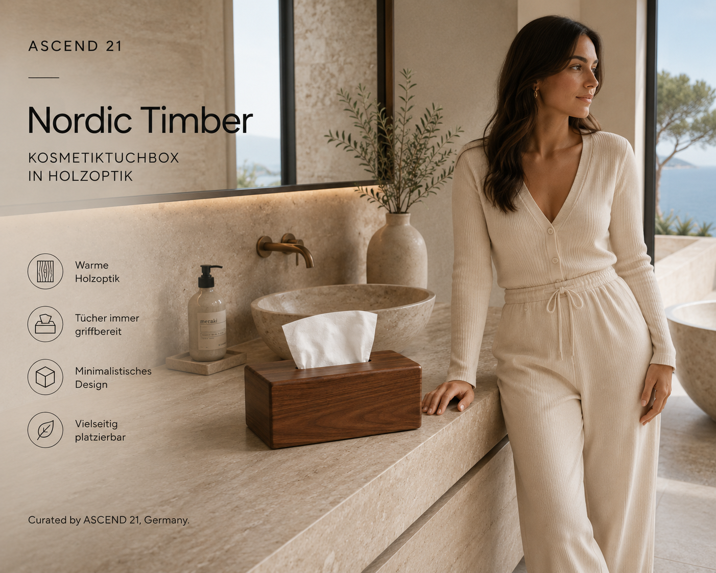 ASCEND 21 Nordic Timber Kosmetiktuchbox in Holzoptik – Moderne Taschentuchbox rechteckig – Tissue Box & Tücherbox für Wohnzimmer, Schlafzimmer, Badezimmer & Büro – Braun