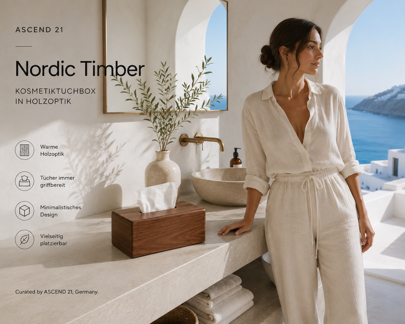ASCEND 21 Nordic Timber Kosmetiktuchbox in Holzoptik – Moderne Taschentuchbox rechteckig – Tissue Box & Tücherbox für Wohnzimmer, Schlafzimmer, Badezimmer & Büro – Braun