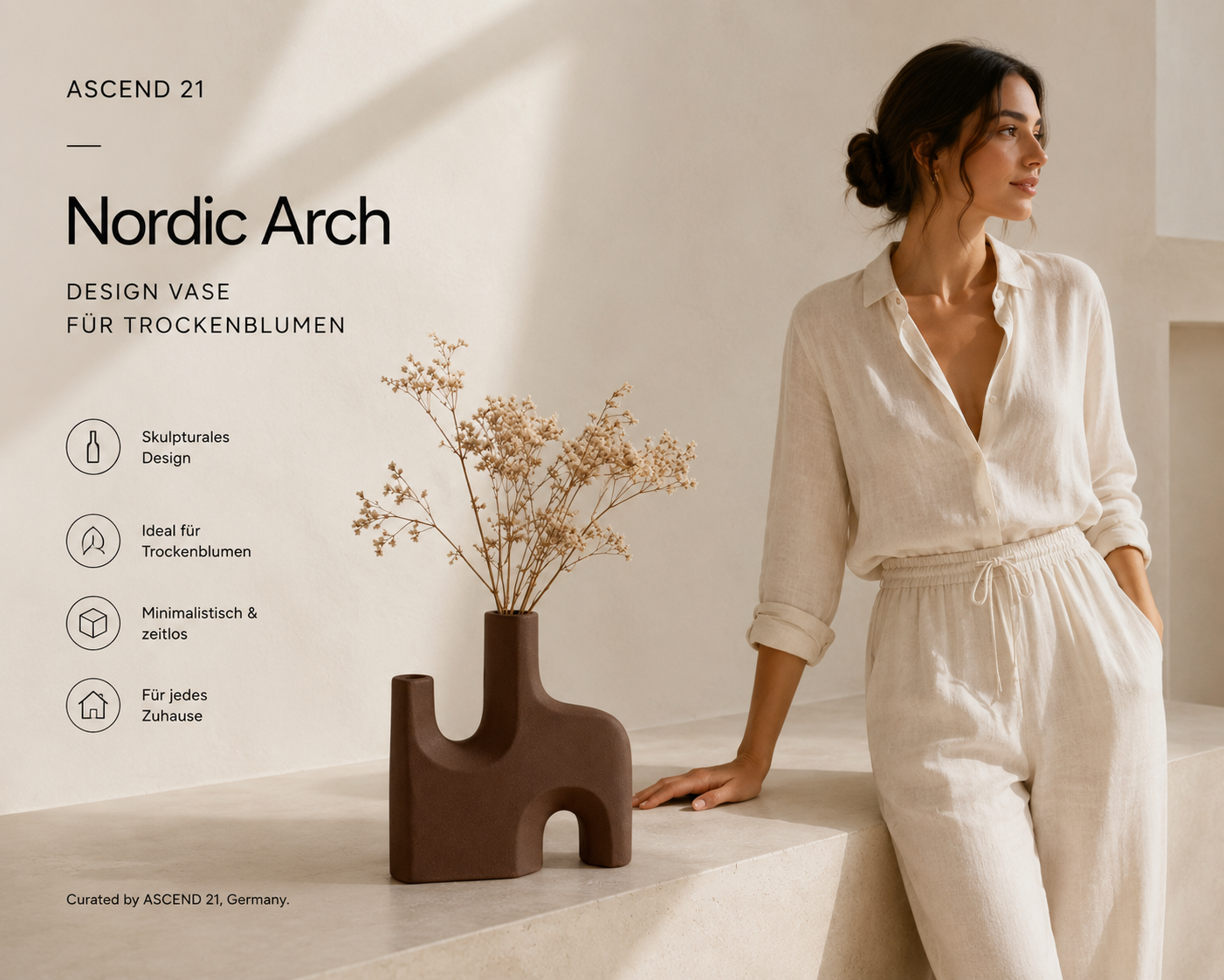 ASCEND 21 Nordic Arch Design Vase Braun – Moderne skulpturale Deko Vase für Trockenblumen – Minimalistische Blumenvase für Wohnzimmer, Sideboard, Regal & Esstisch