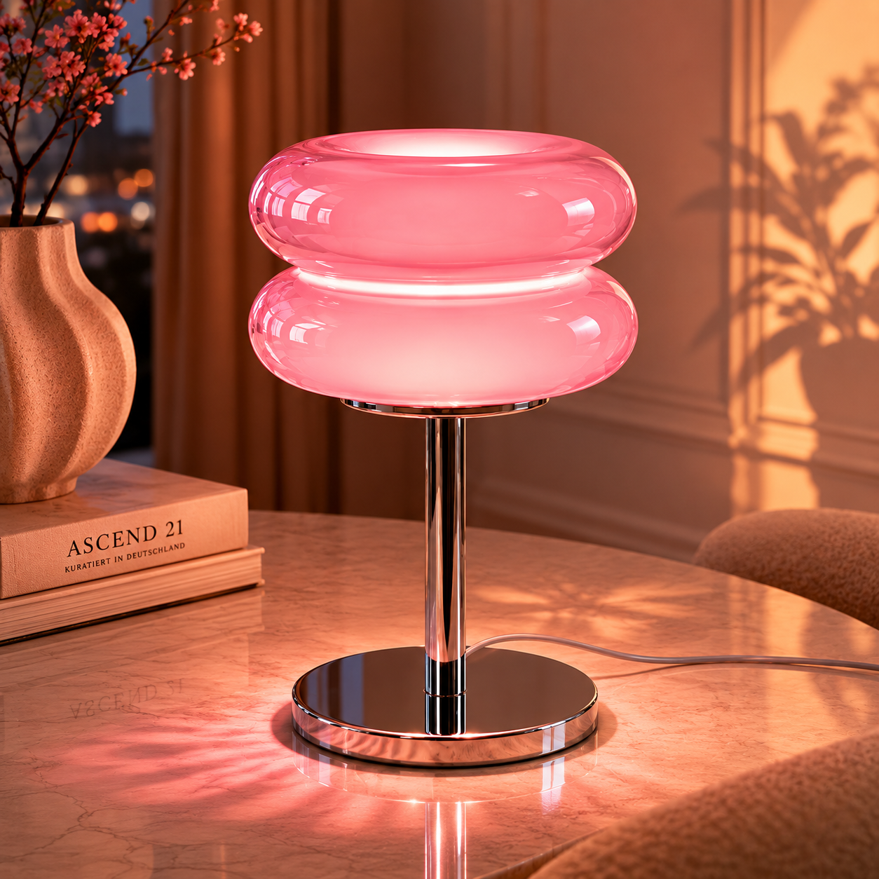 ASCEND 21 Aurora Blush Tischlampe Rosa – Retro Glaslampe mit warmem Ambientelicht – Design Tischleuchte im Vintage Stil für Schlafzimmer, Wohnzimmer & modernes Interior