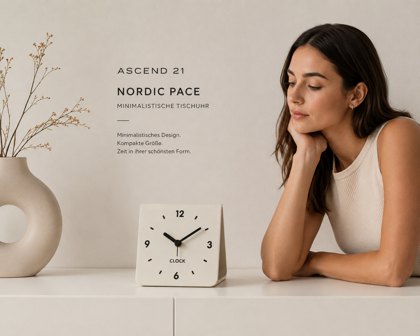 ASCEND 21 Nordic Pace Tischuhr – Minimalistische analoge Design-Uhr – Kompakte Tischuhr für Nachttisch, Schreibtisch, Regal & modernes Interior