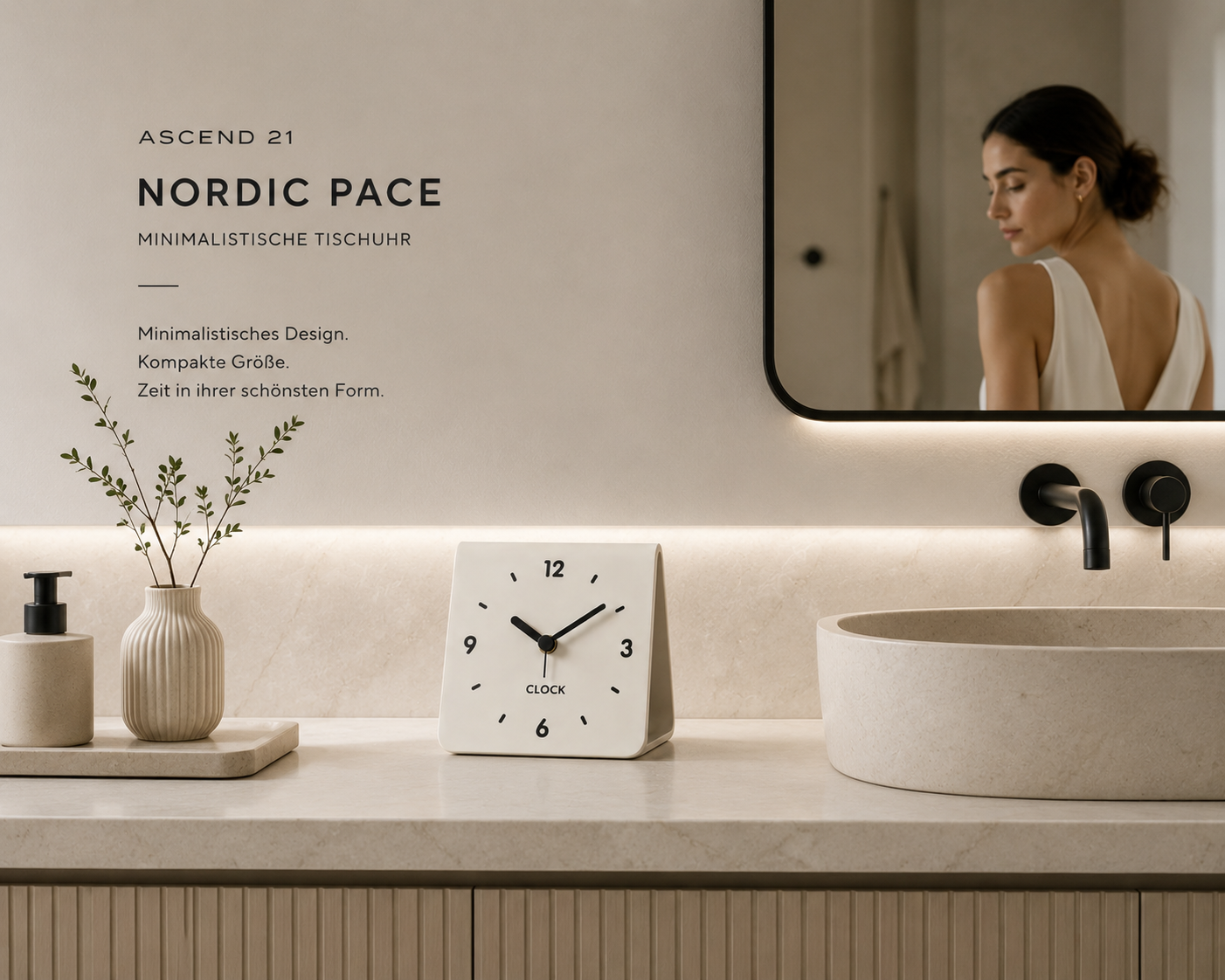 ASCEND 21 Nordic Pace Tischuhr – Minimalistische analoge Design-Uhr – Kompakte Tischuhr für Nachttisch, Schreibtisch, Regal & modernes Interior