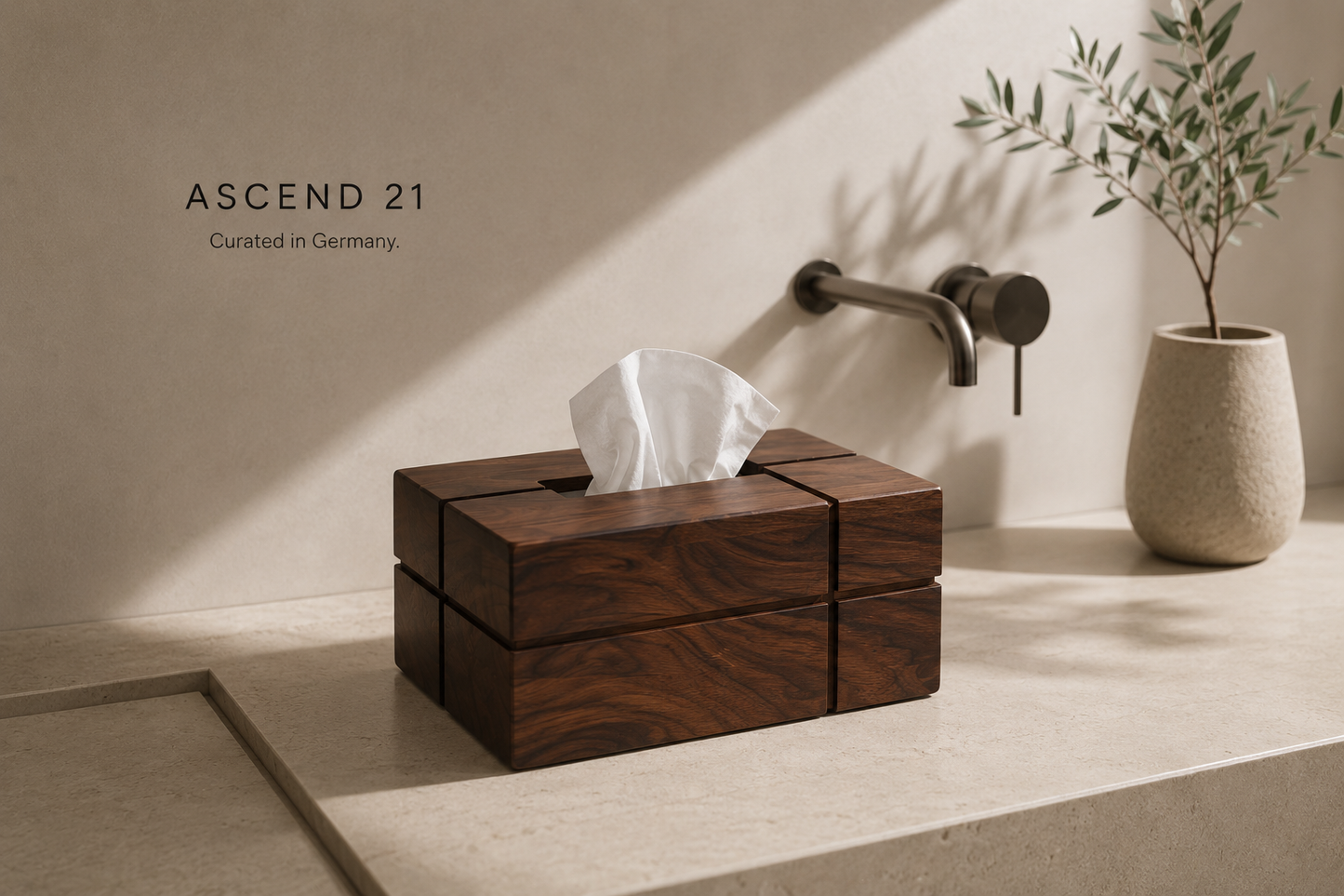 ASCEND 21 Nordic Block Taschentuchbox aus Holz – Dekorative Tissue Box in Nussbaum-Optik – 20 × 13 × 10 cm – Minimalistischer Taschentuchspender für Wohnzimmer, Schlafzimmer & Büro