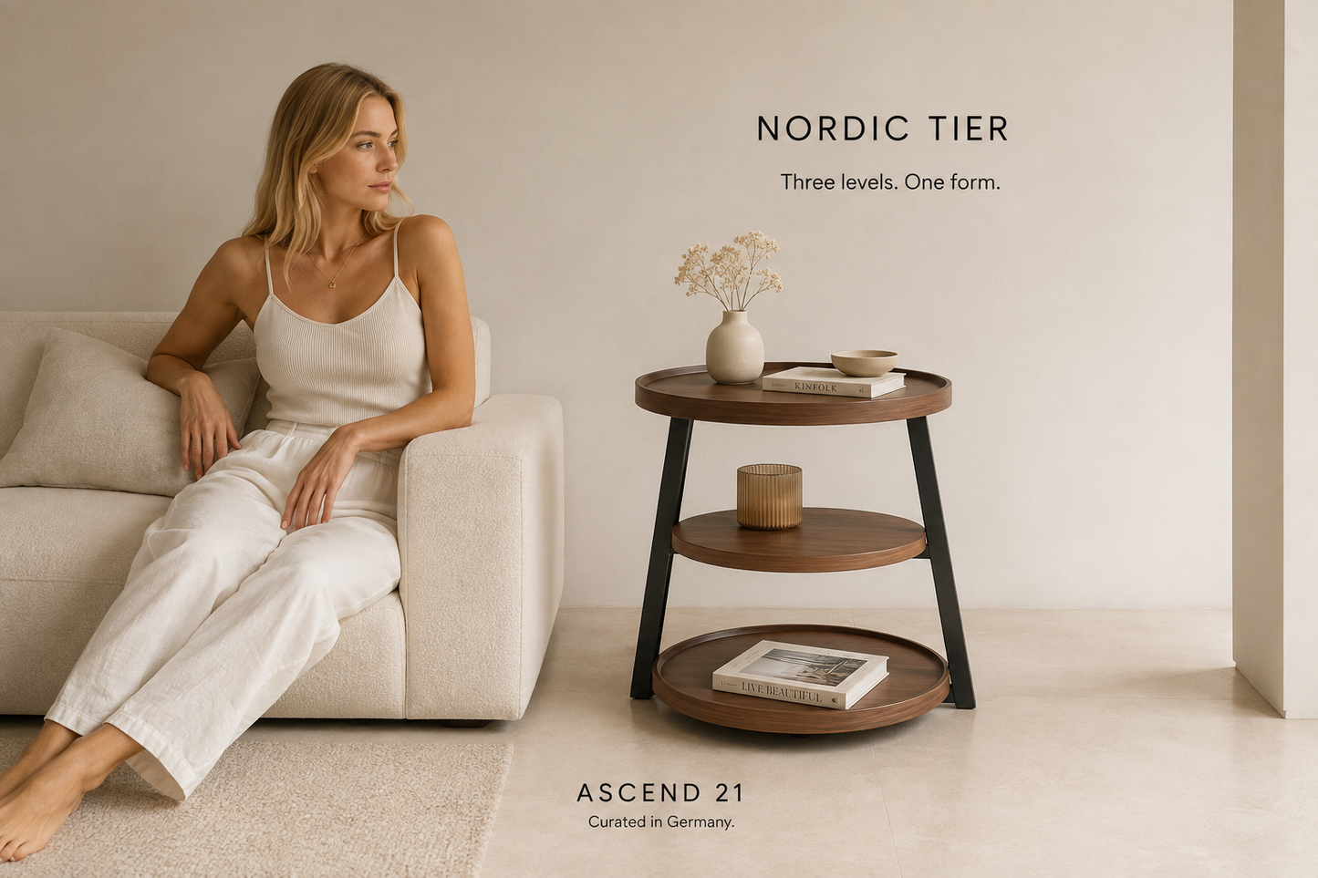 ASCEND 21 Nordic Tier Beistelltisch – Runder Ablagetisch mit 3 Ebenen – Holzoptik mit Metallgestell – Moderner Sofatisch für Wohnzimmer & Schlafzimmer