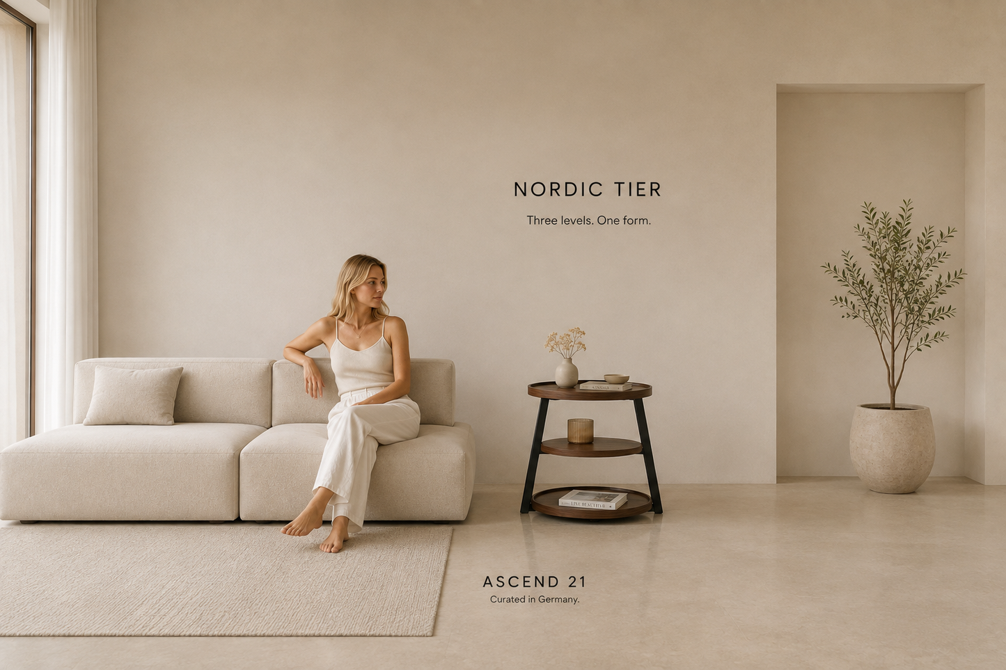 ASCEND 21 Nordic Tier Beistelltisch – Runder Ablagetisch mit 3 Ebenen – Holzoptik mit Metallgestell – Moderner Sofatisch für Wohnzimmer & Schlafzimmer
