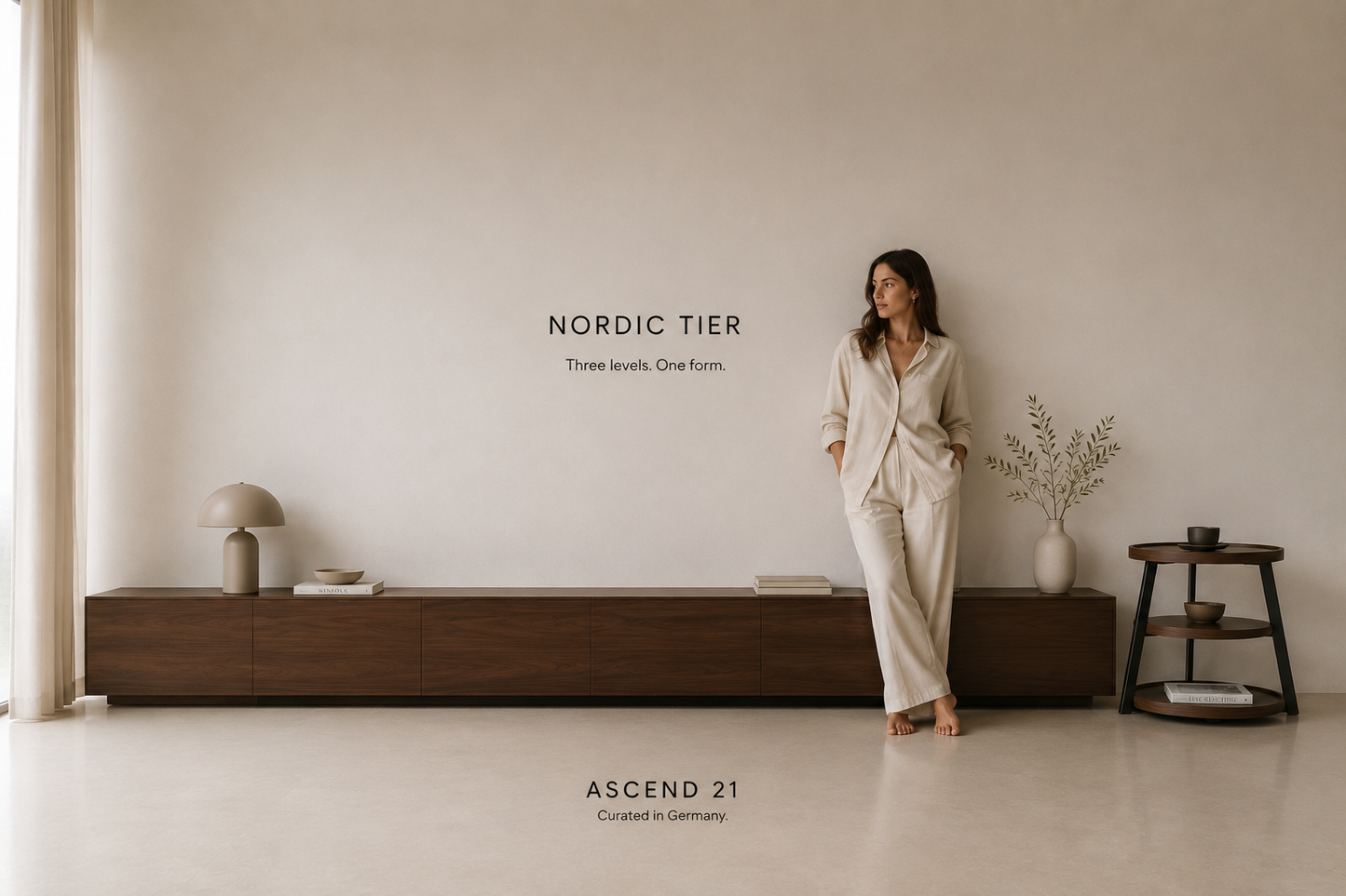 ASCEND 21 Nordic Tier Beistelltisch – Runder Ablagetisch mit 3 Ebenen – Holzoptik mit Metallgestell – Moderner Sofatisch für Wohnzimmer & Schlafzimmer
