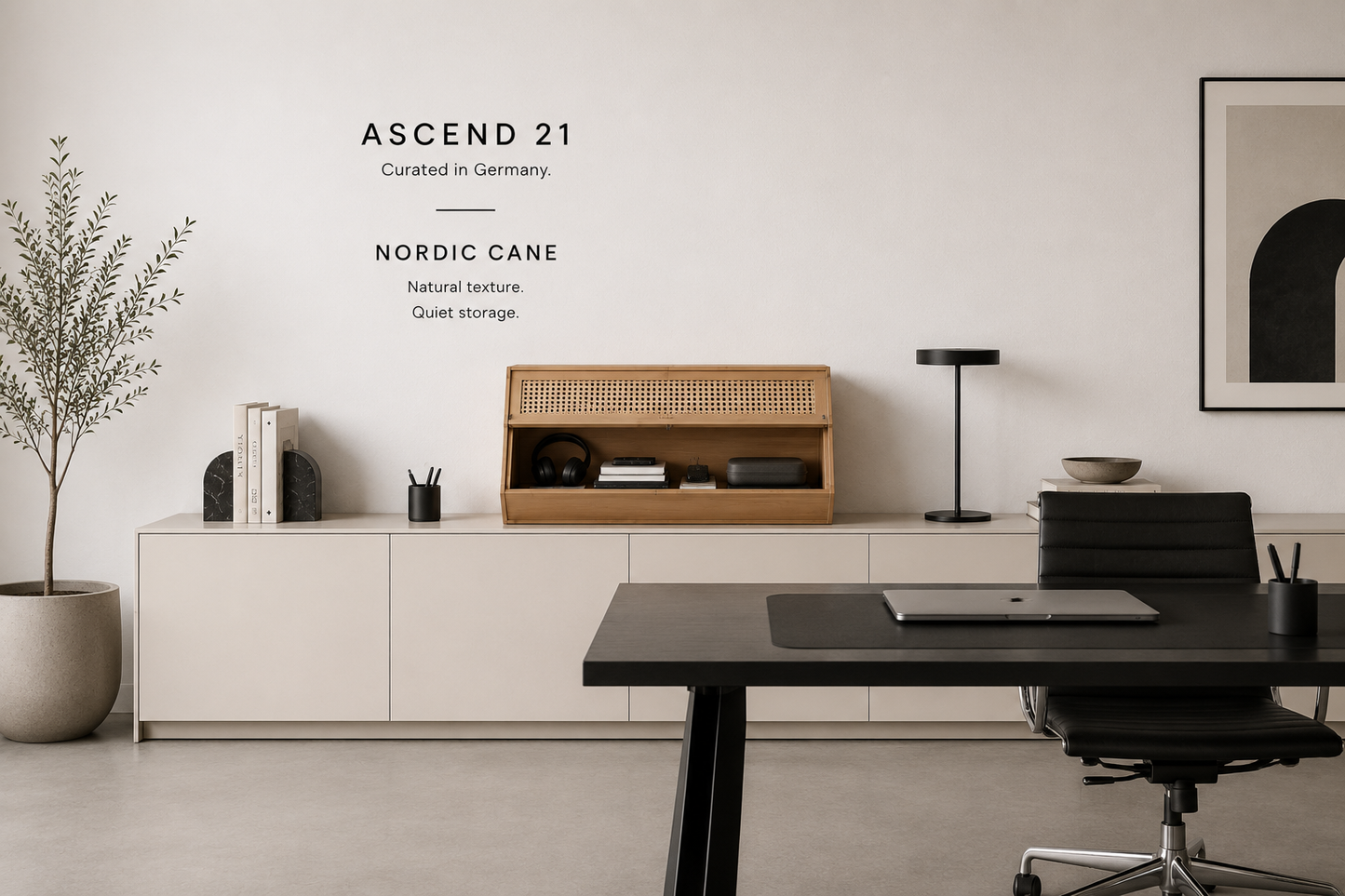 ASCEND 21 Nordic Cane Aufbewahrungsbox – Holzoptik mit geflochtener Front – 70 × 30 × 31 cm – Dekorativer Organizer für Wohnzimmer, Schlafzimmer & Büro