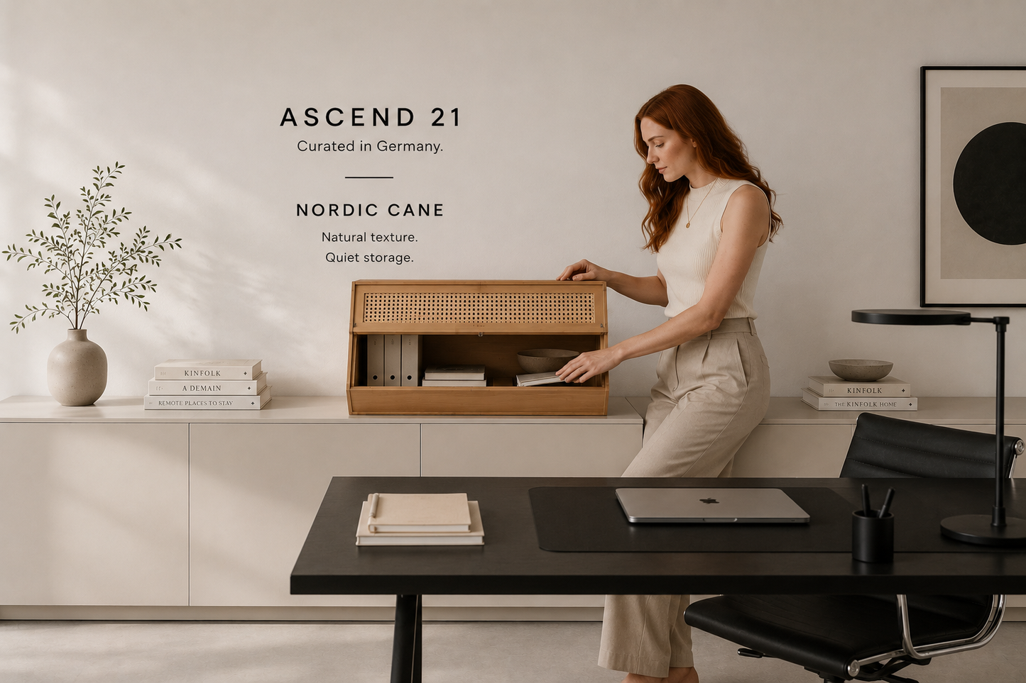 ASCEND 21 Nordic Cane Aufbewahrungsbox – Holzoptik mit geflochtener Front – 70 × 30 × 31 cm – Dekorativer Organizer für Wohnzimmer, Schlafzimmer & Büro