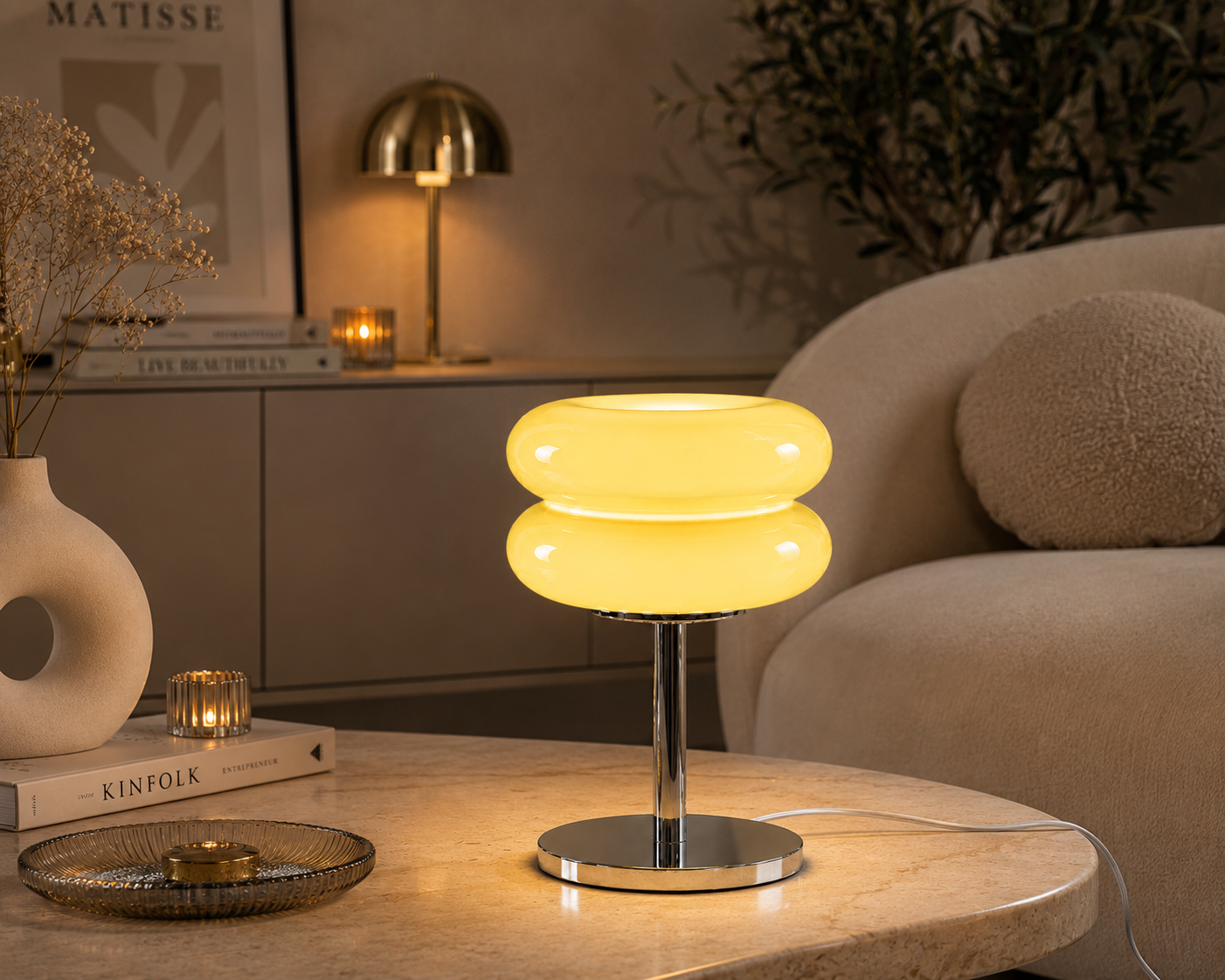 ASCEND 21 Aurora Soleil Tischlampe Gelb – Retro Glaslampe mit warmem Ambientelicht – Design Tischleuchte im Vintage Stil für Schlafzimmer, Wohnzimmer & modernes Interior
