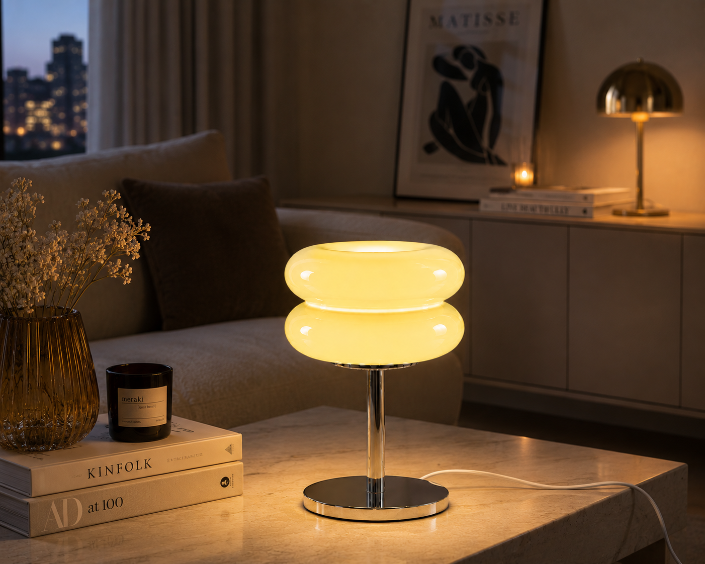 ASCEND 21 Aurora Soleil Tischlampe Gelb – Retro Glaslampe mit warmem Ambientelicht – Design Tischleuchte im Vintage Stil für Schlafzimmer, Wohnzimmer & modernes Interior
