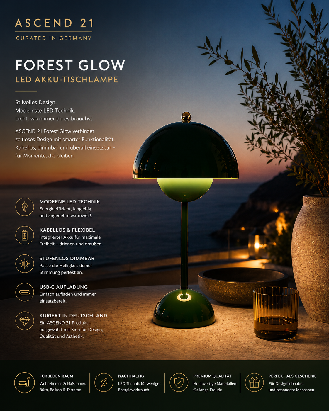 ASCEND 21 Forest Glow LED-Tischlampe – Große dunkelgrüne Retro Tischleuchte, dimmbar, moderne Pilzlampe für Wohnzimmer, Schlafzimmer, Büro & stilvolle Wohnräume