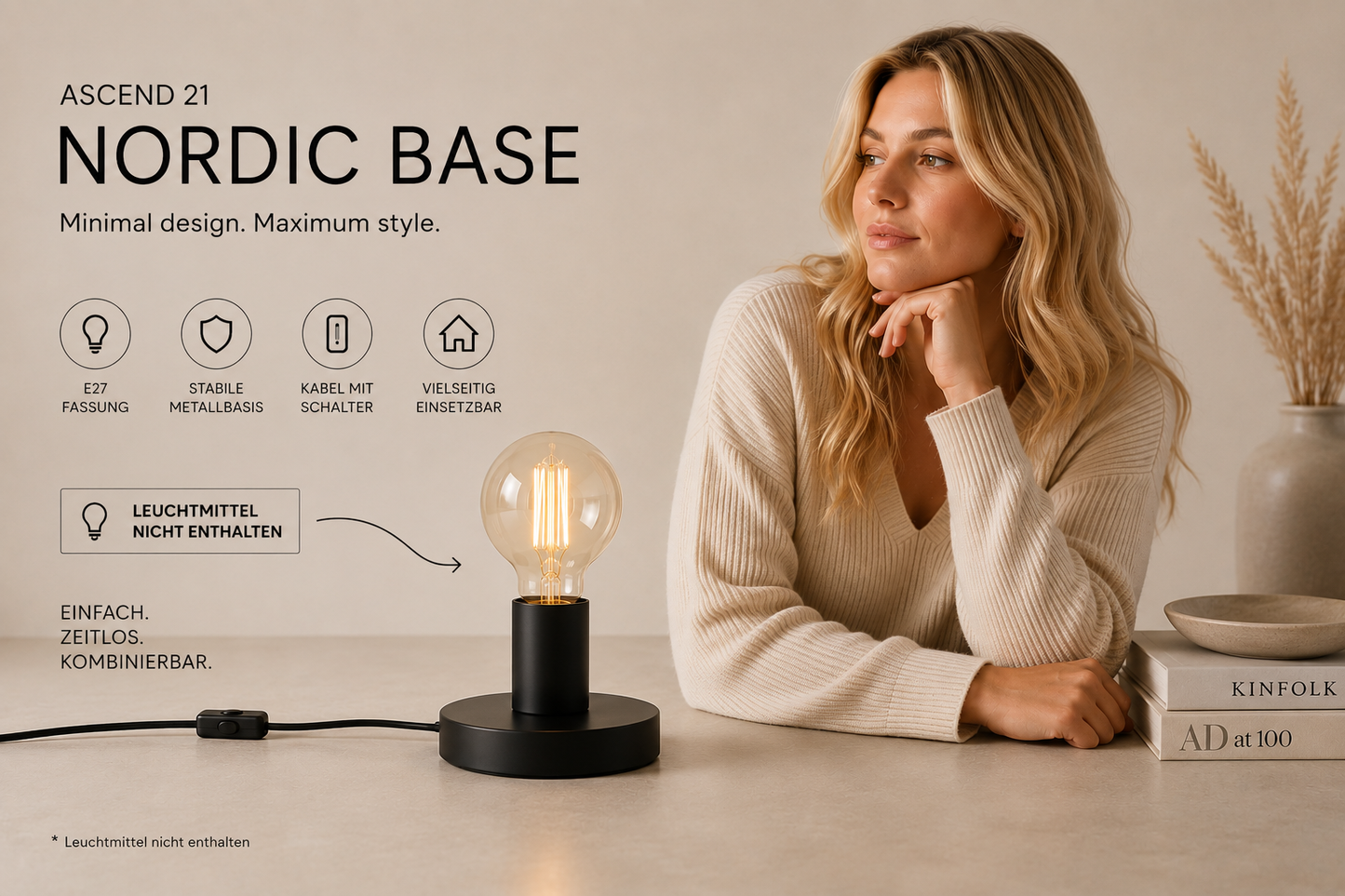ASCEND 21 Nordic Base E27 Tischlampenbasis aus Metall – Minimalistischer Lampenfuß mit Kabel & Schalter – Schwarz – für E27 Leuchtmittel