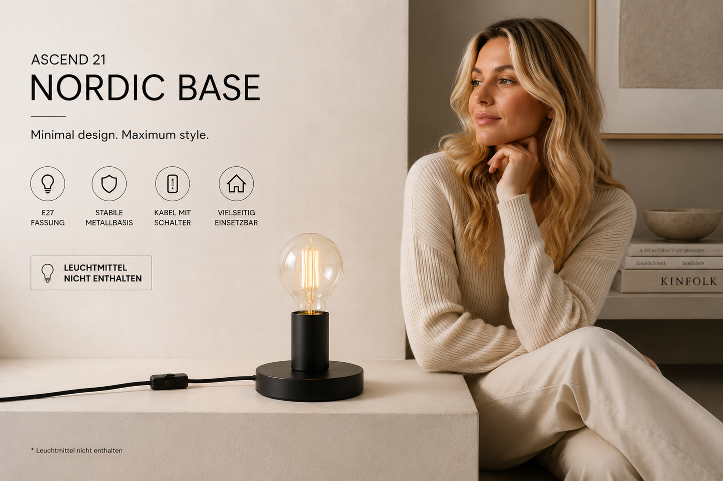 ASCEND 21 Nordic Base E27 Tischlampenbasis aus Metall – Minimalistischer Lampenfuß mit Kabel & Schalter – Schwarz – für E27 Leuchtmittel