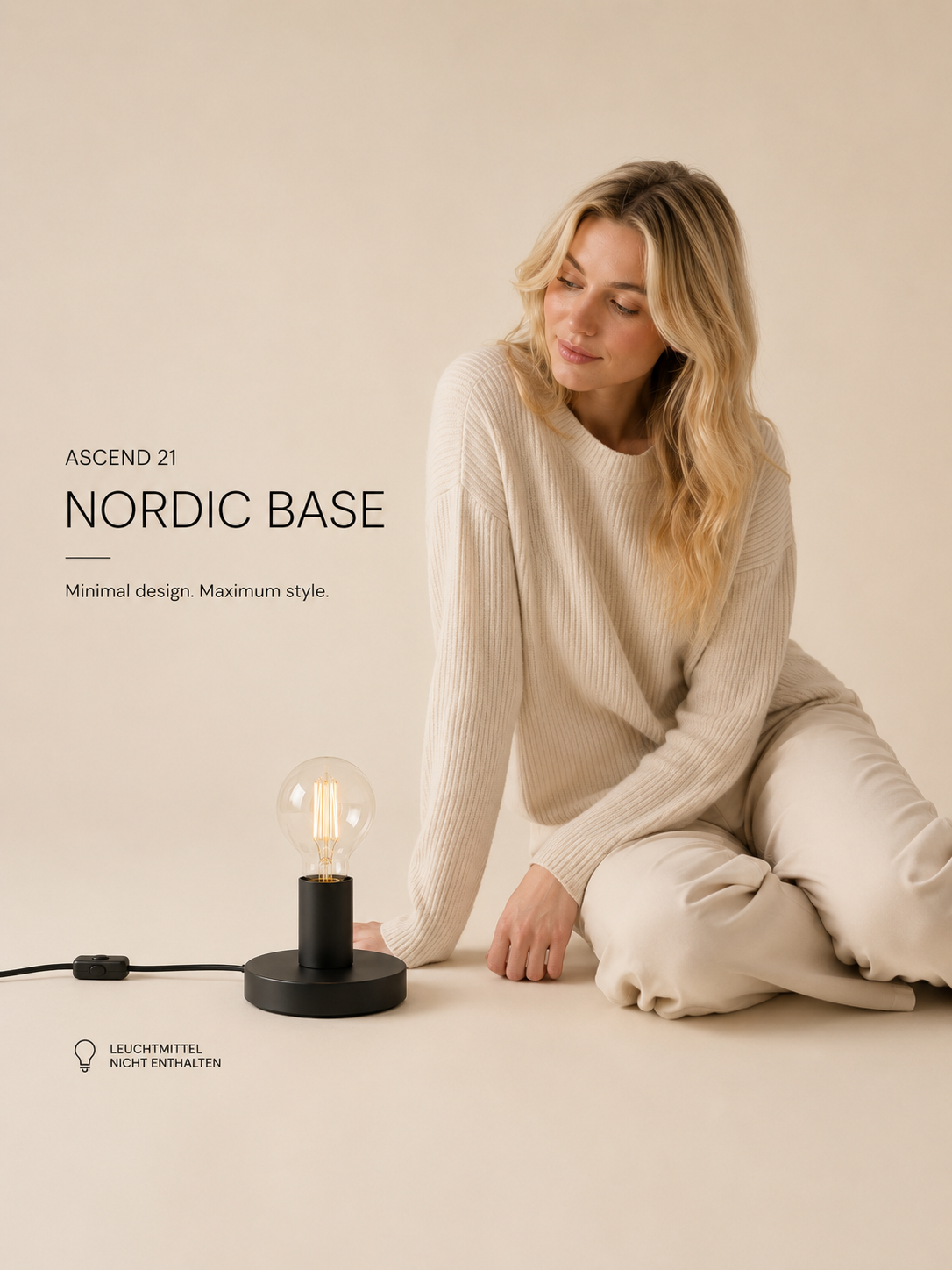 ASCEND 21 Nordic Base E27 Tischlampenbasis aus Metall – Minimalistischer Lampenfuß mit Kabel & Schalter – Schwarz – für E27 Leuchtmittel