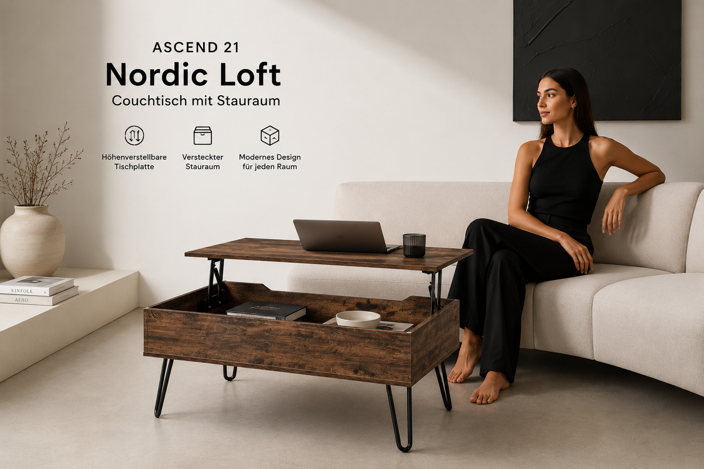 ASCEND 21 Nordic Loft Couchtisch mit Stauraum – höhenverstellbare Tischplatte, moderner Wohnzimmertisch in Holzoptik mit Metallgestell, 95 × 50 cm