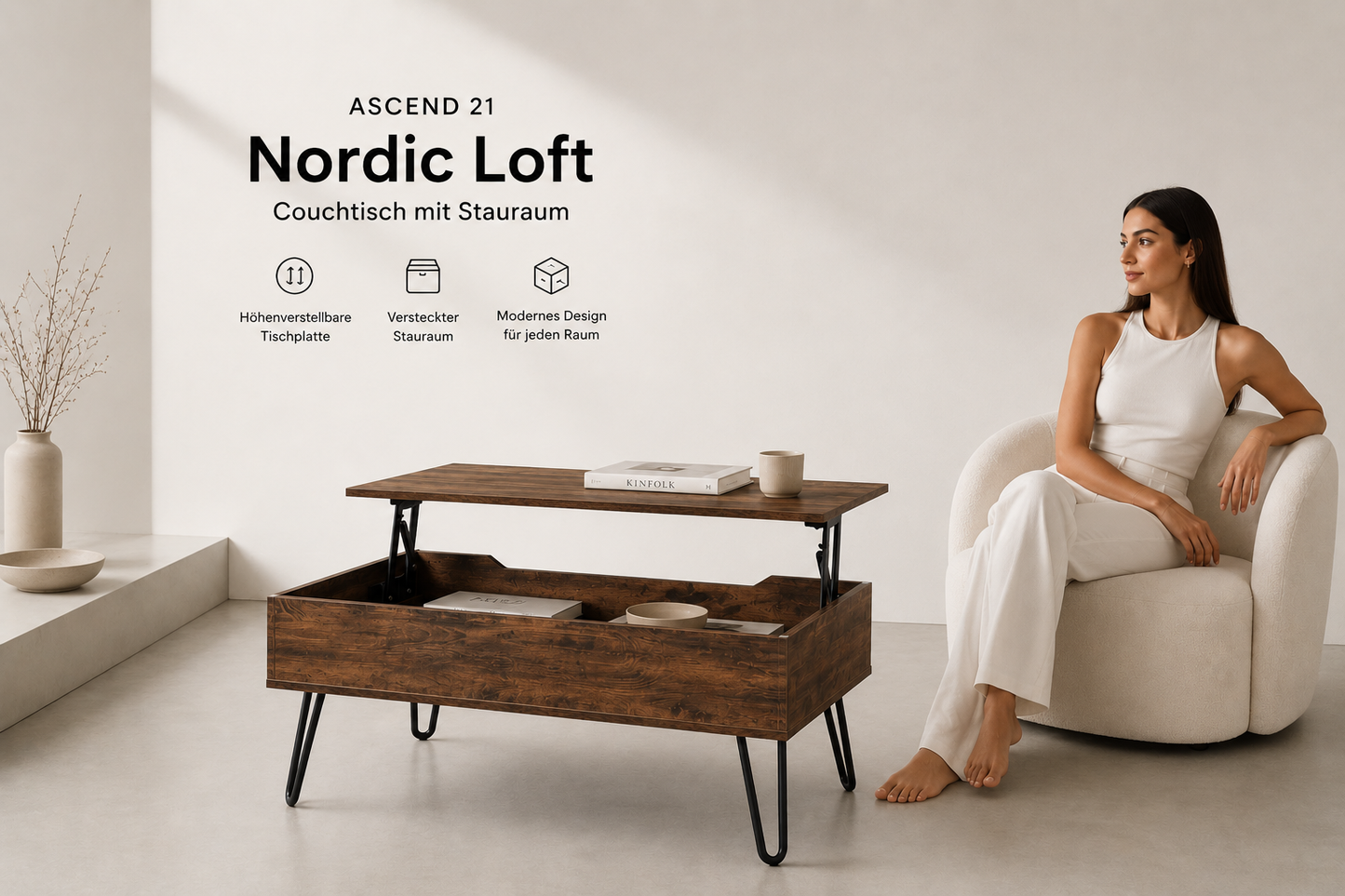 ASCEND 21 Nordic Loft Couchtisch mit Stauraum – höhenverstellbare Tischplatte, moderner Wohnzimmertisch in Holzoptik mit Metallgestell, 95 × 50 cm
