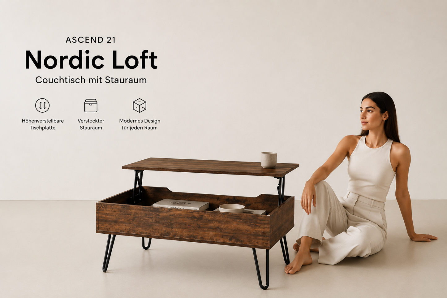 ASCEND 21 Nordic Loft Couchtisch mit Stauraum – höhenverstellbare Tischplatte, moderner Wohnzimmertisch in Holzoptik mit Metallgestell, 95 × 50 cm