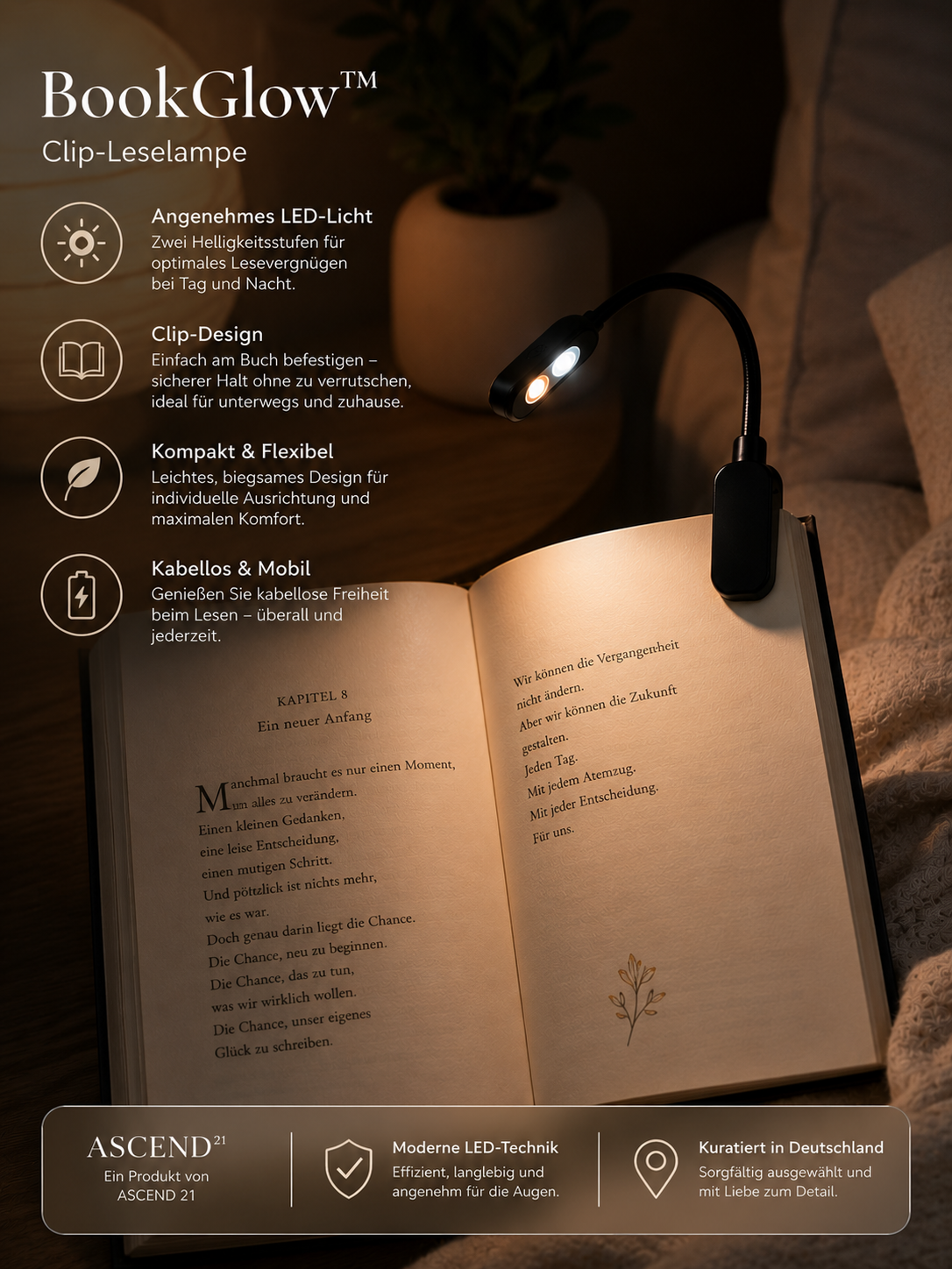 BookGlow™ Clip-Leselampe für Bücher – Kompakte Klemmleuchte zum Lesen, Kabellose Buchlampe mit Angenehmem Warmlicht, Flexibel & Leicht für Reisen, Bett & Abendlektüre