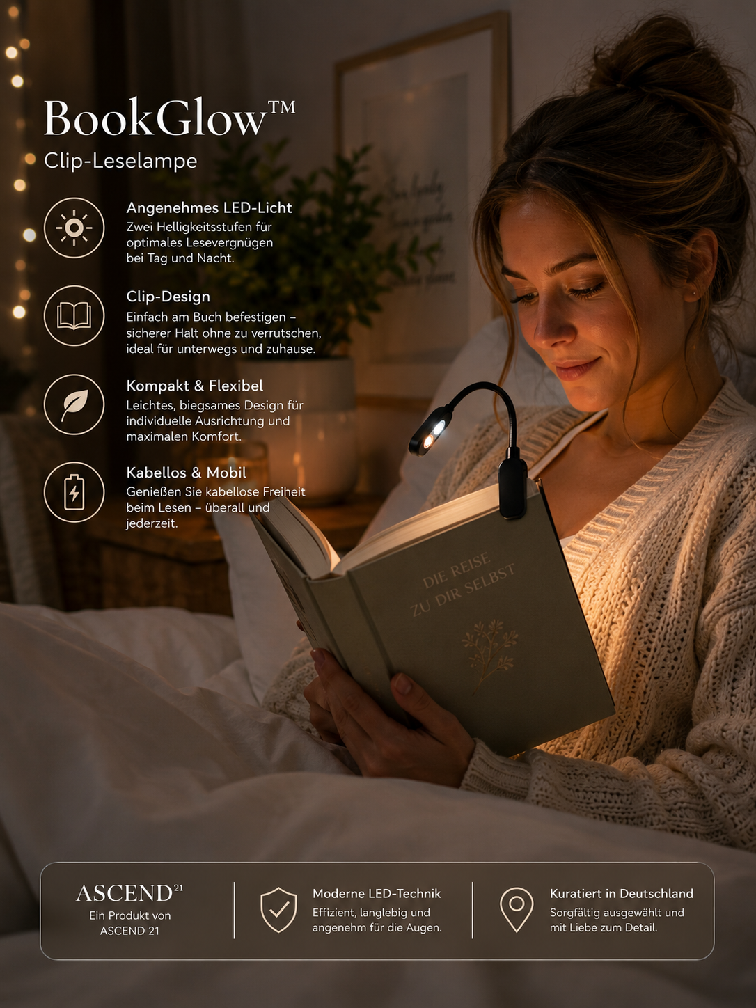 BookGlow™ Clip-Leselampe für Bücher – Kompakte Klemmleuchte zum Lesen, Kabellose Buchlampe mit Angenehmem Warmlicht, Flexibel & Leicht für Reisen, Bett & Abendlektüre