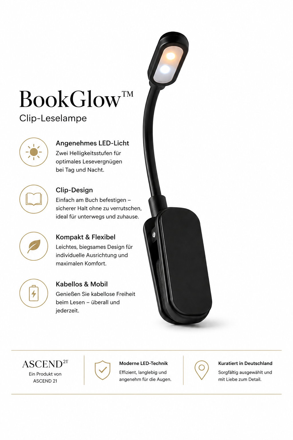 BookGlow™ Clip-Leselampe für Bücher – Kompakte Klemmleuchte zum Lesen, Kabellose Buchlampe mit Angenehmem Warmlicht, Flexibel & Leicht für Reisen, Bett & Abendlektüre