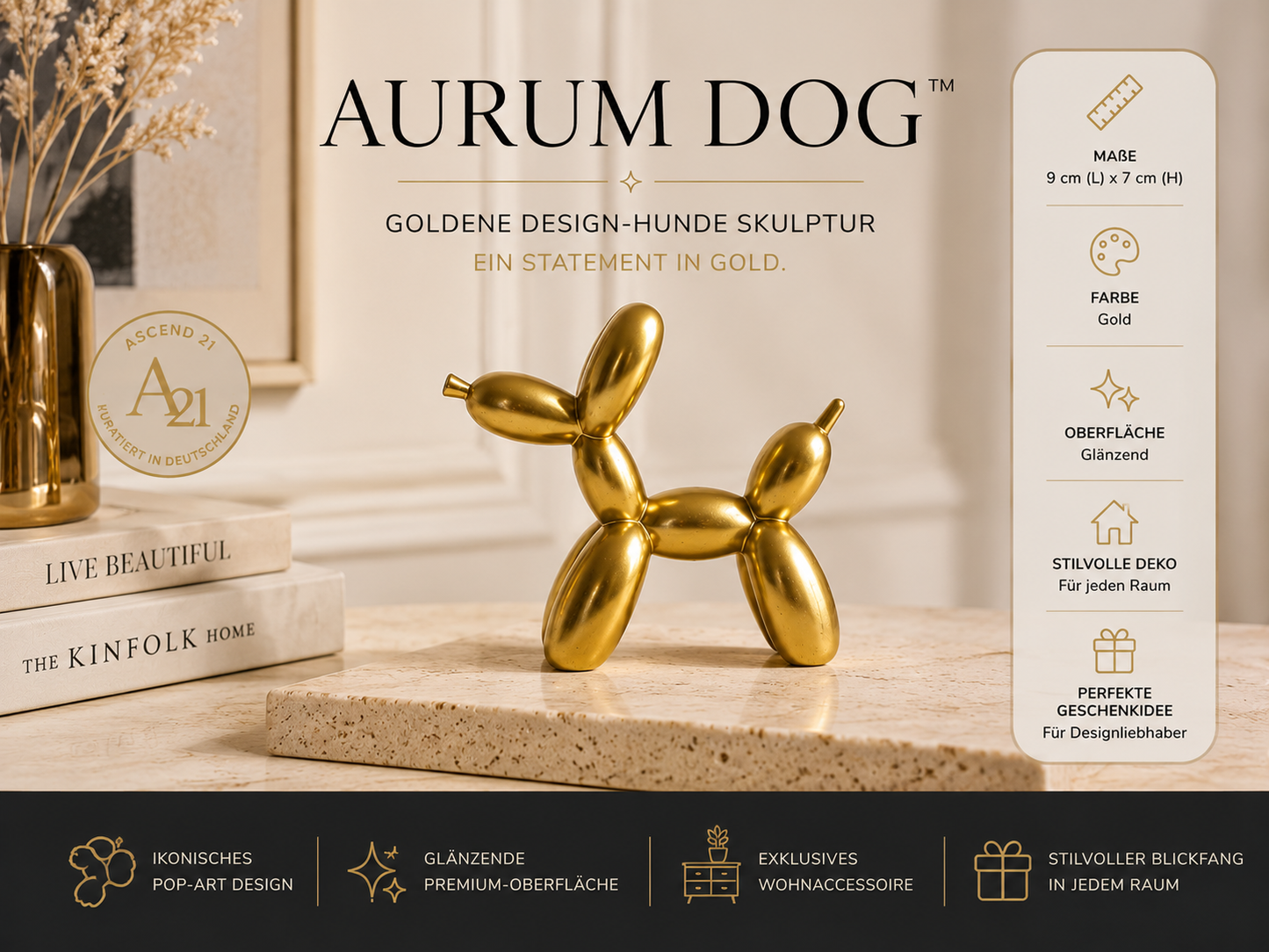 AURUM DOG™ Goldene Hunde Skulptur – Moderne Design Deko Figur mit Glänzender Oberfläche, Luxus Wohnaccessoire für Wohnzimmer, Sideboard, Regal & Schreibtisch