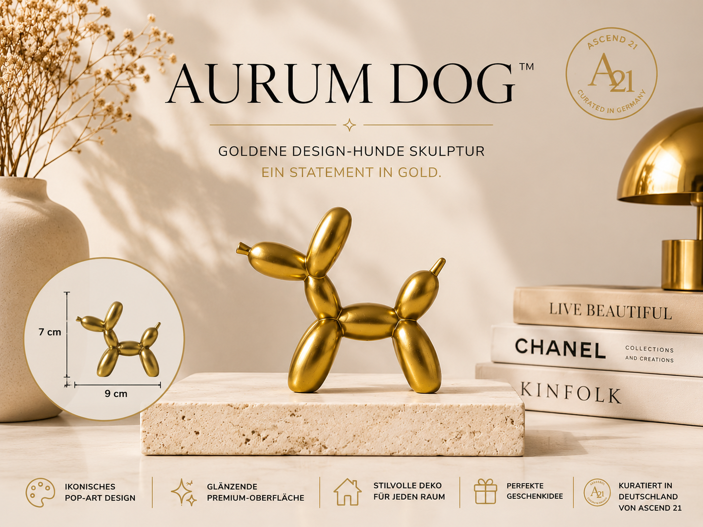 AURUM DOG™ Goldene Hunde Skulptur – Moderne Design Deko Figur mit Glänzender Oberfläche, Luxus Wohnaccessoire für Wohnzimmer, Sideboard, Regal & Schreibtisch