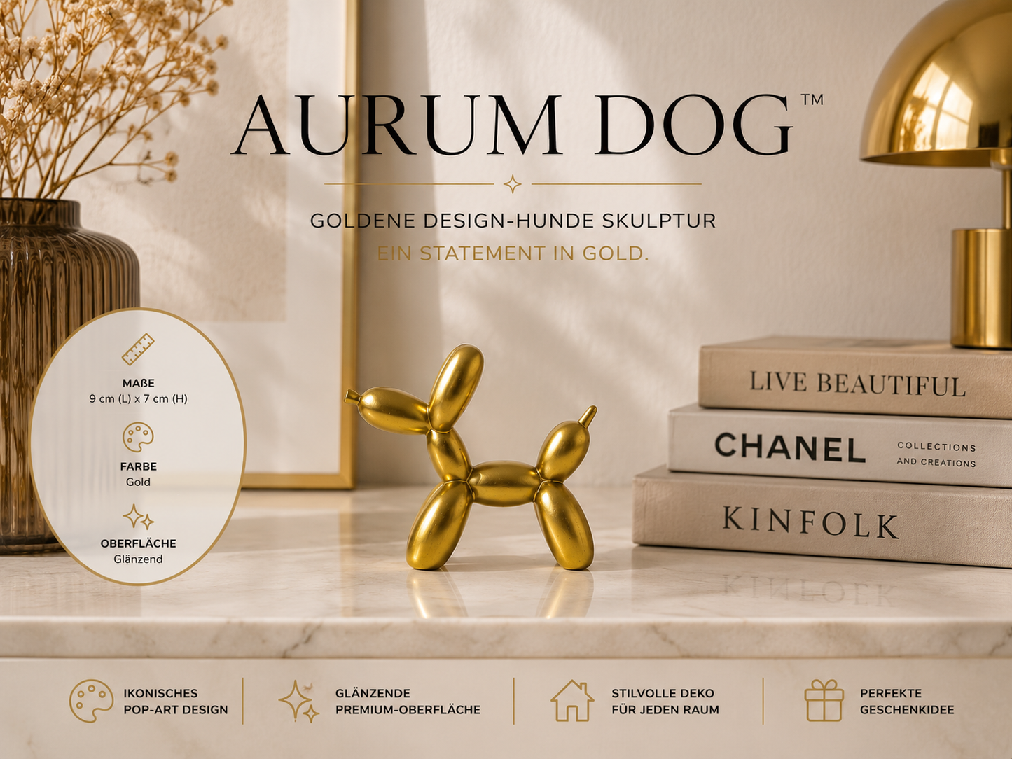 AURUM DOG™ Goldene Hunde Skulptur – Moderne Design Deko Figur mit Glänzender Oberfläche, Luxus Wohnaccessoire für Wohnzimmer, Sideboard, Regal & Schreibtisch