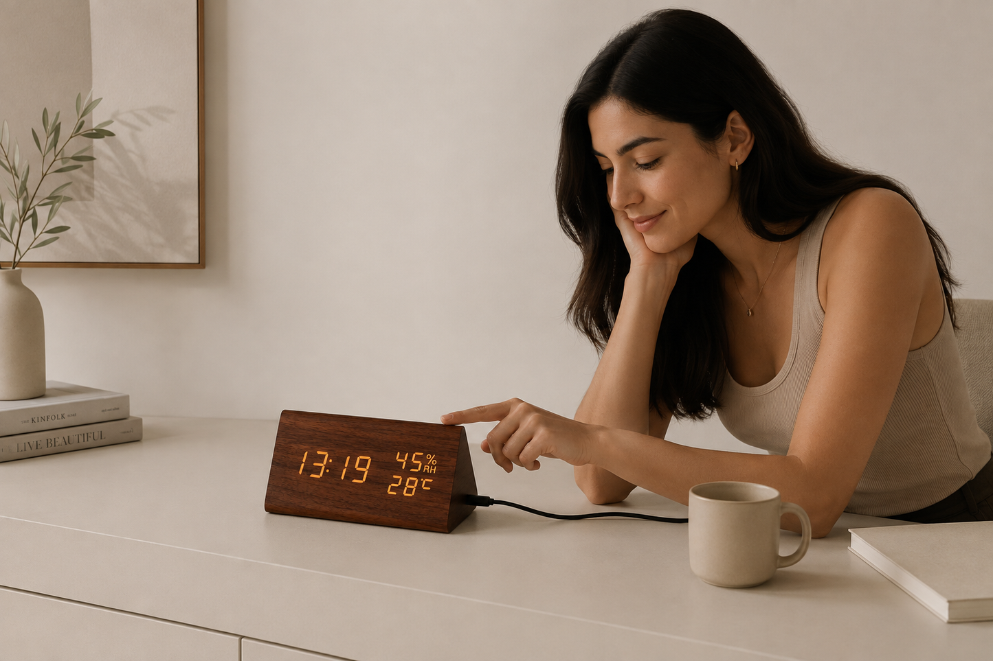 ASCEND 21 Nordic Time – Digitale LED Tischuhr in Holzoptik – Wecker mit Temperatur- & Luftfeuchtigkeitsanzeige – Modernes Design für Schreibtisch, Nachttisch & Büro – Sprachsteuerung & USB-Betrieb