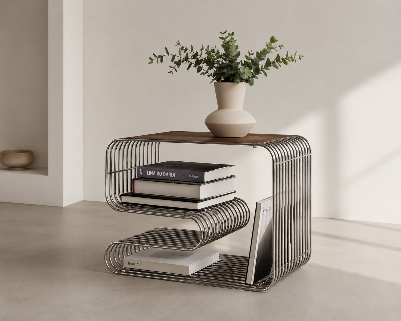 ASCEND 21 Nordic Loop – Moderner Design-Beistelltisch aus Metall – Minimalistischer Sofatisch mit integriertem Bücherregal & Zeitschriftenhalter – Skandinavischer Wohnzimmertisch für Wohnzimmer, Schlafzimmer & Lounge