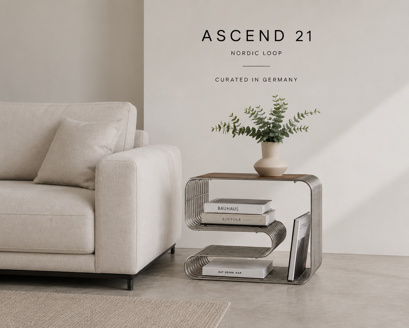 ASCEND 21 Nordic Loop – Moderner Design-Beistelltisch aus Metall – Minimalistischer Sofatisch mit integriertem Bücherregal & Zeitschriftenhalter – Skandinavischer Wohnzimmertisch für Wohnzimmer, Schlafzimmer & Lounge
