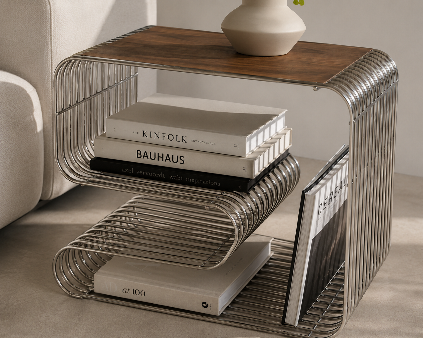 ASCEND 21 Nordic Loop – Moderner Design-Beistelltisch aus Metall – Minimalistischer Sofatisch mit integriertem Bücherregal & Zeitschriftenhalter – Skandinavischer Wohnzimmertisch für Wohnzimmer, Schlafzimmer & Lounge