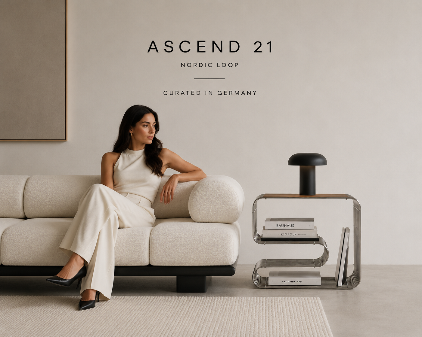 ASCEND 21 Nordic Loop – Moderner Design-Beistelltisch aus Metall – Minimalistischer Sofatisch mit integriertem Bücherregal & Zeitschriftenhalter – Skandinavischer Wohnzimmertisch für Wohnzimmer, Schlafzimmer & Lounge