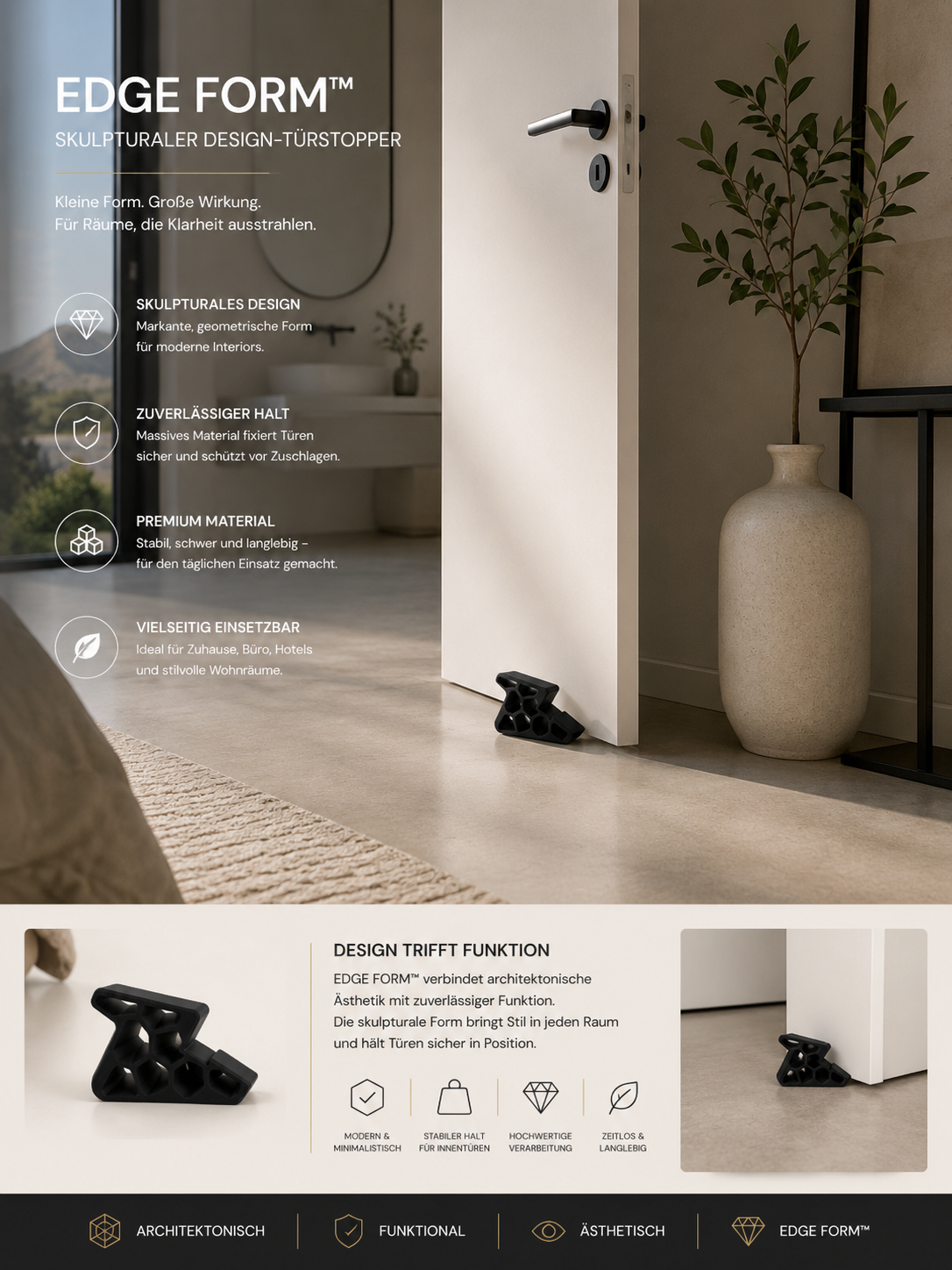 EDGE FORM™ Design Türstopper – Moderner Boden-Türhalter mit skulpturaler Form | Schwerer Türkeil für Innentüren | Minimalistisches Wohnaccessoire für Zuhause, Büro & Interior Design