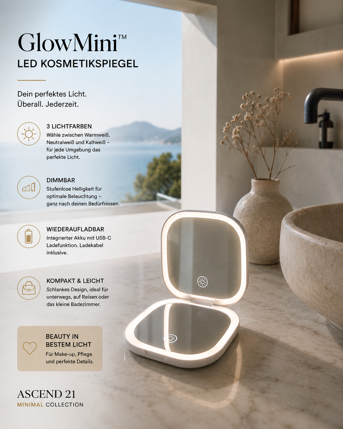 GlowMini™ LED Kosmetikspiegel – Wiederaufladbarer Schminkspiegel mit Licht | 3 Lichtfarben & Dimmfunktion | Kompakter Make-Up Spiegel mit USB-C | Reise Spiegel für Bad & unterwegs