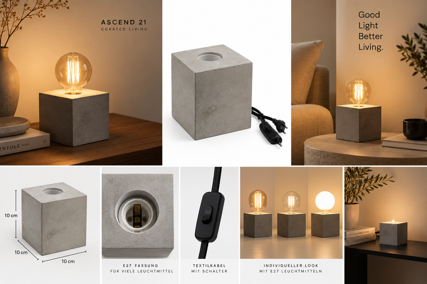 ASCEND 21 CONCRETE CUBE™ Tischlampe in Zementoptik – Minimalistische E27 Designleuchte mit Textilkabel & Schalter – Dekolampe für Wohnzimmer, Schlafzimmer, Sideboard & Schreibtisch