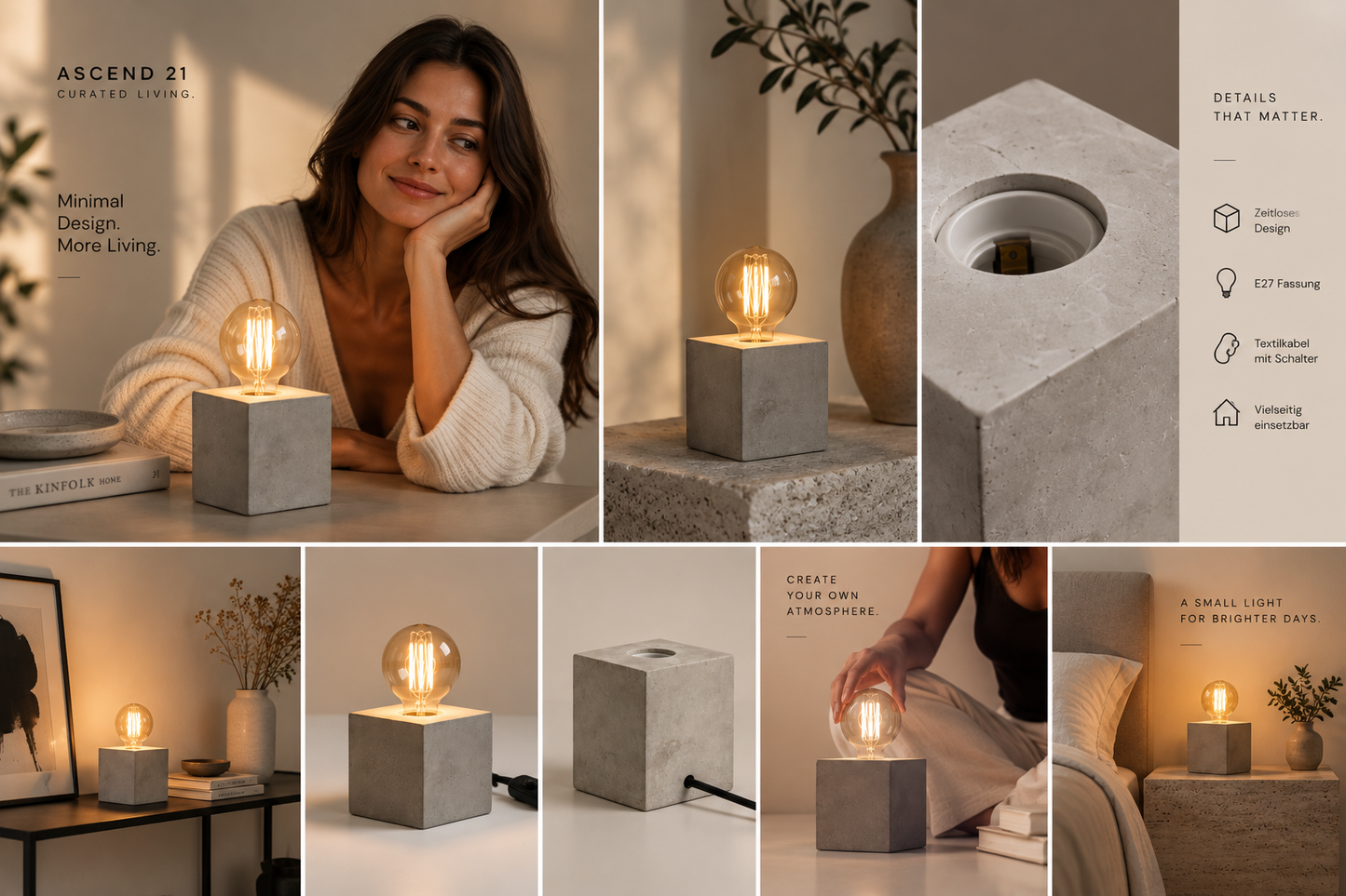 ASCEND 21 CONCRETE CUBE™ Tischlampe in Zementoptik – Minimalistische E27 Designleuchte mit Textilkabel & Schalter – Dekolampe für Wohnzimmer, Schlafzimmer, Sideboard & Schreibtisch