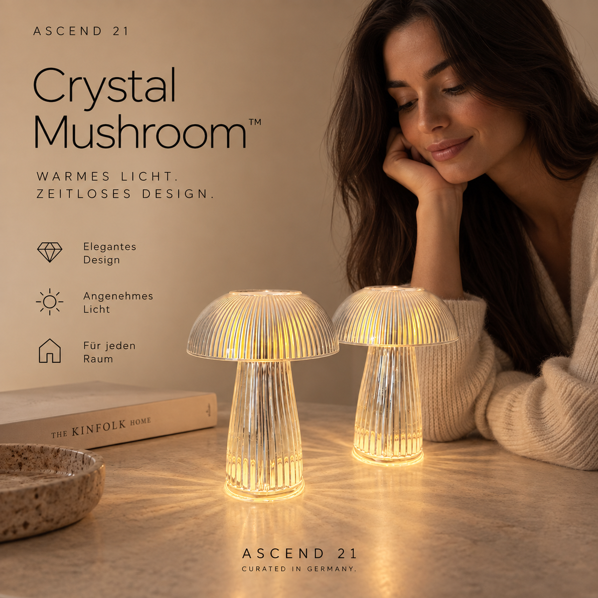 ASCEND 21 CRYSTAL MUSHROOM™ – Transparente LED Design-Tischlampe im modernen Pilzdesign